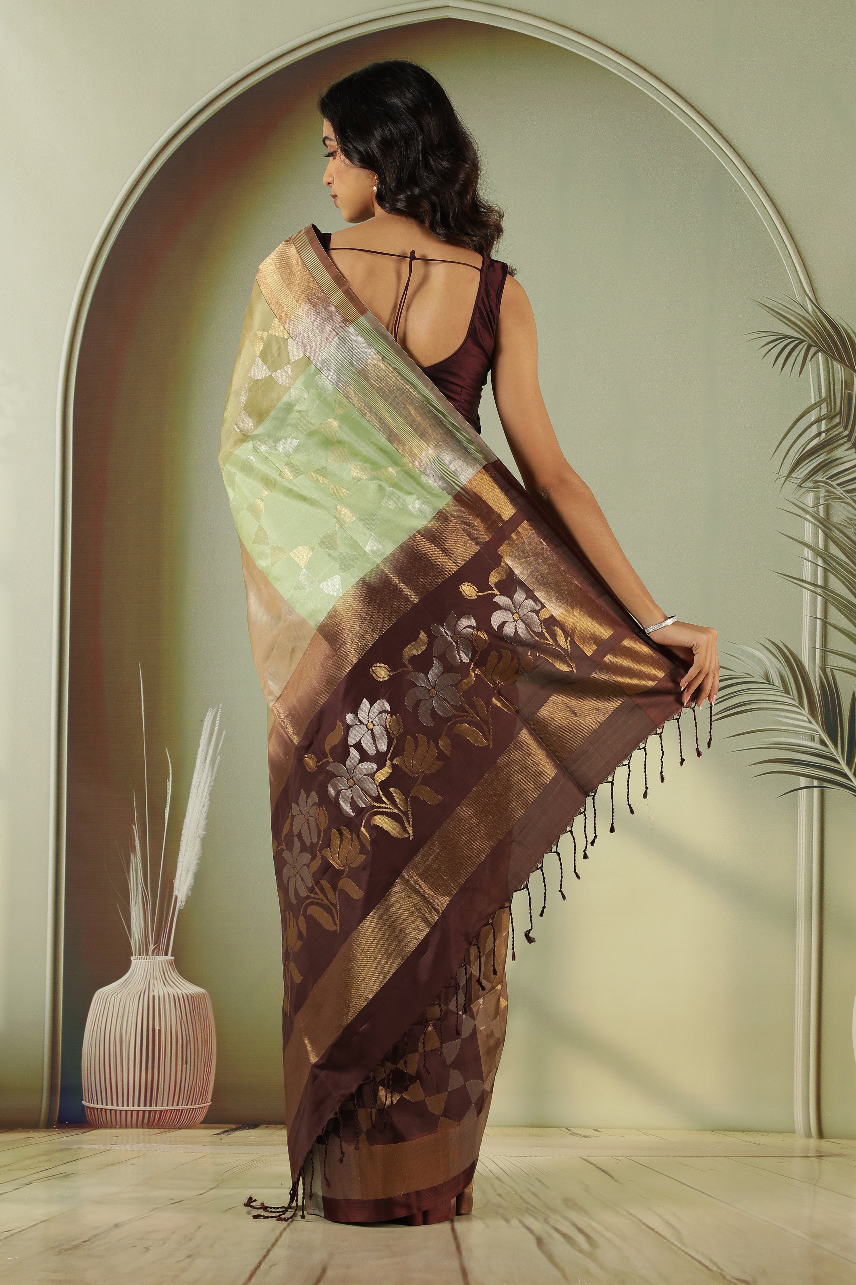 Beige Brown Soft Silk Saree with Multi-Color Zari Weaving & Contrast Blouse