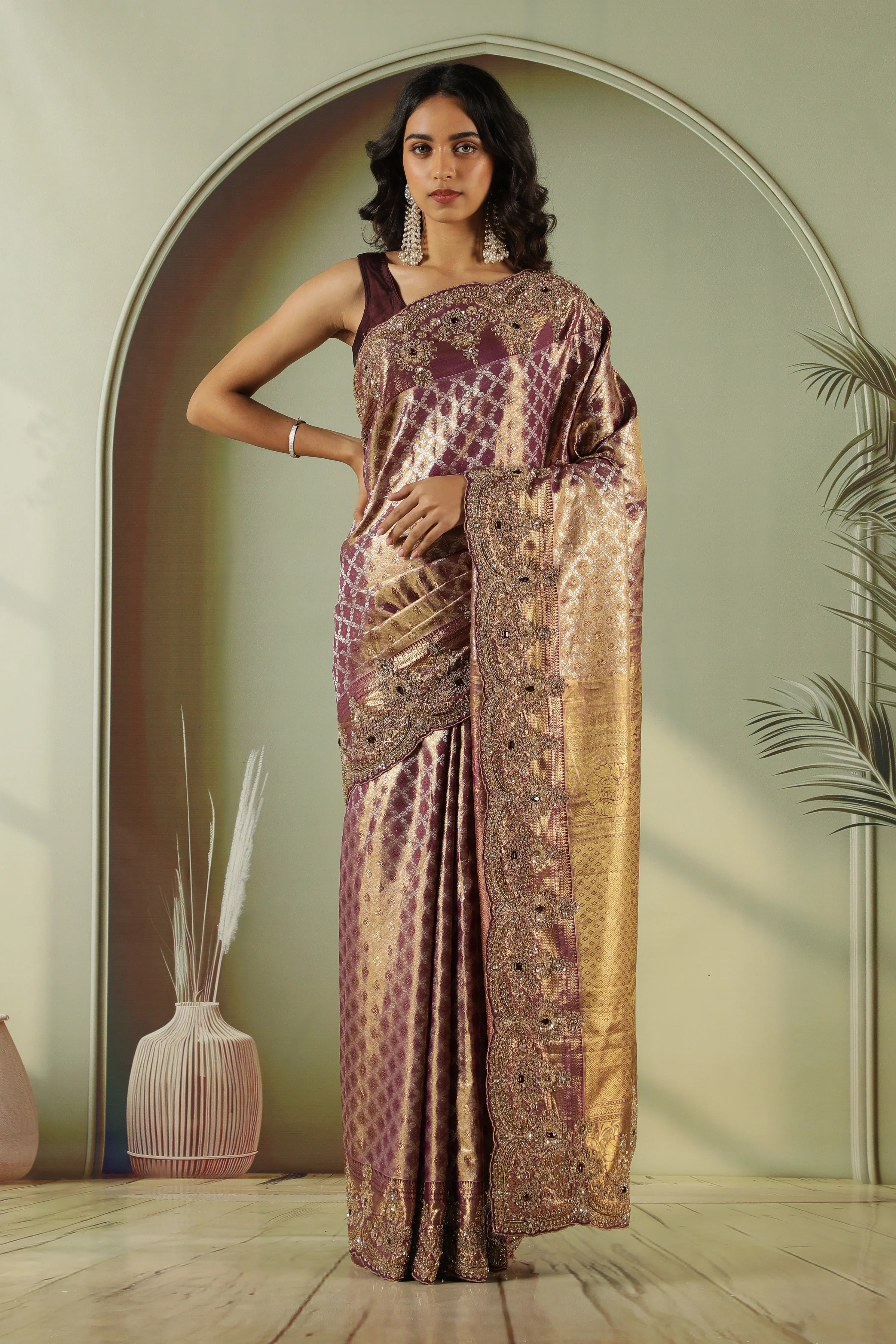 Purple Kanchivaram Silk Saree with Antique Jari Work | Mokshaa