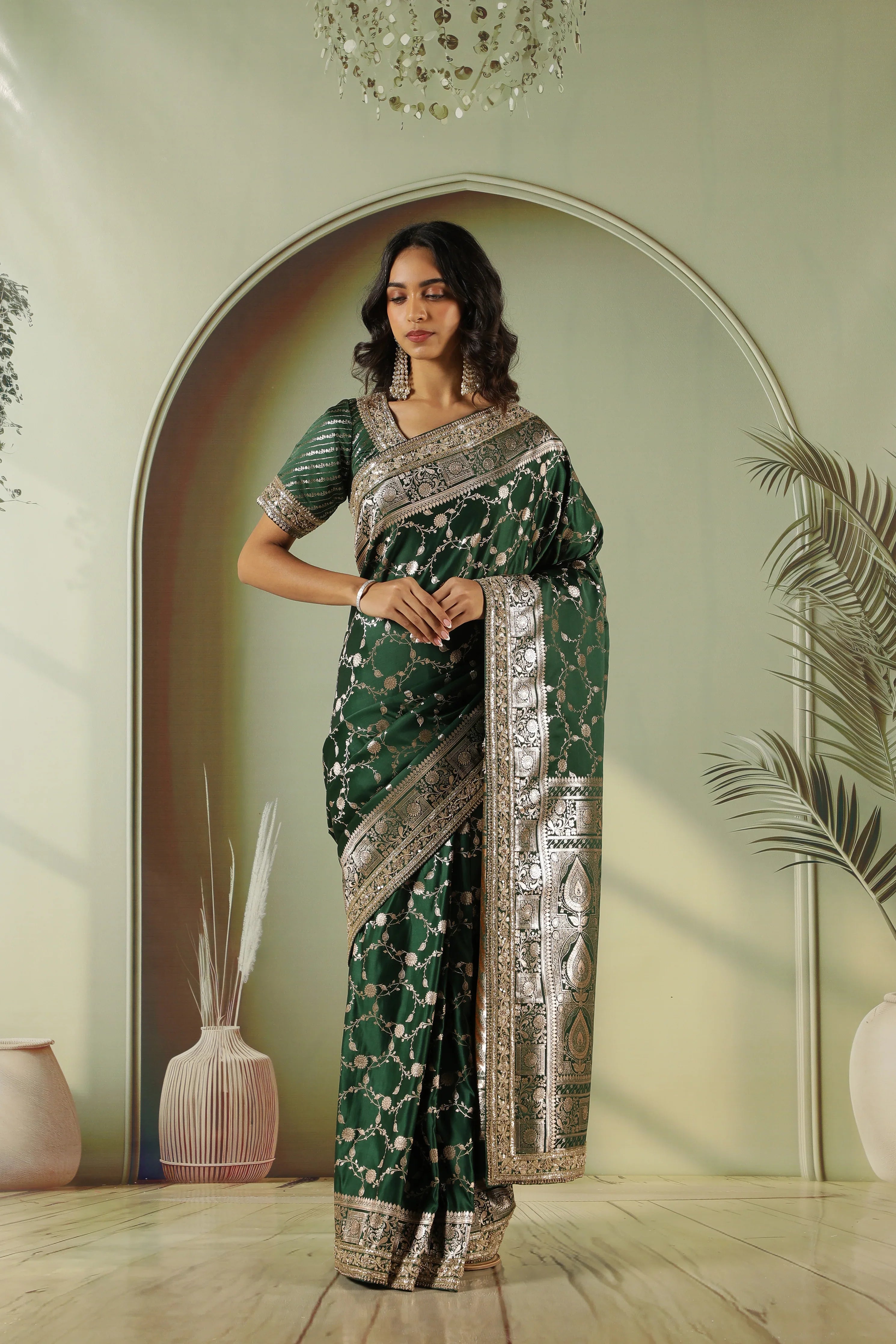 Bottle Green Banaras Silk Saree with Jardhosi Work | Mokshaa