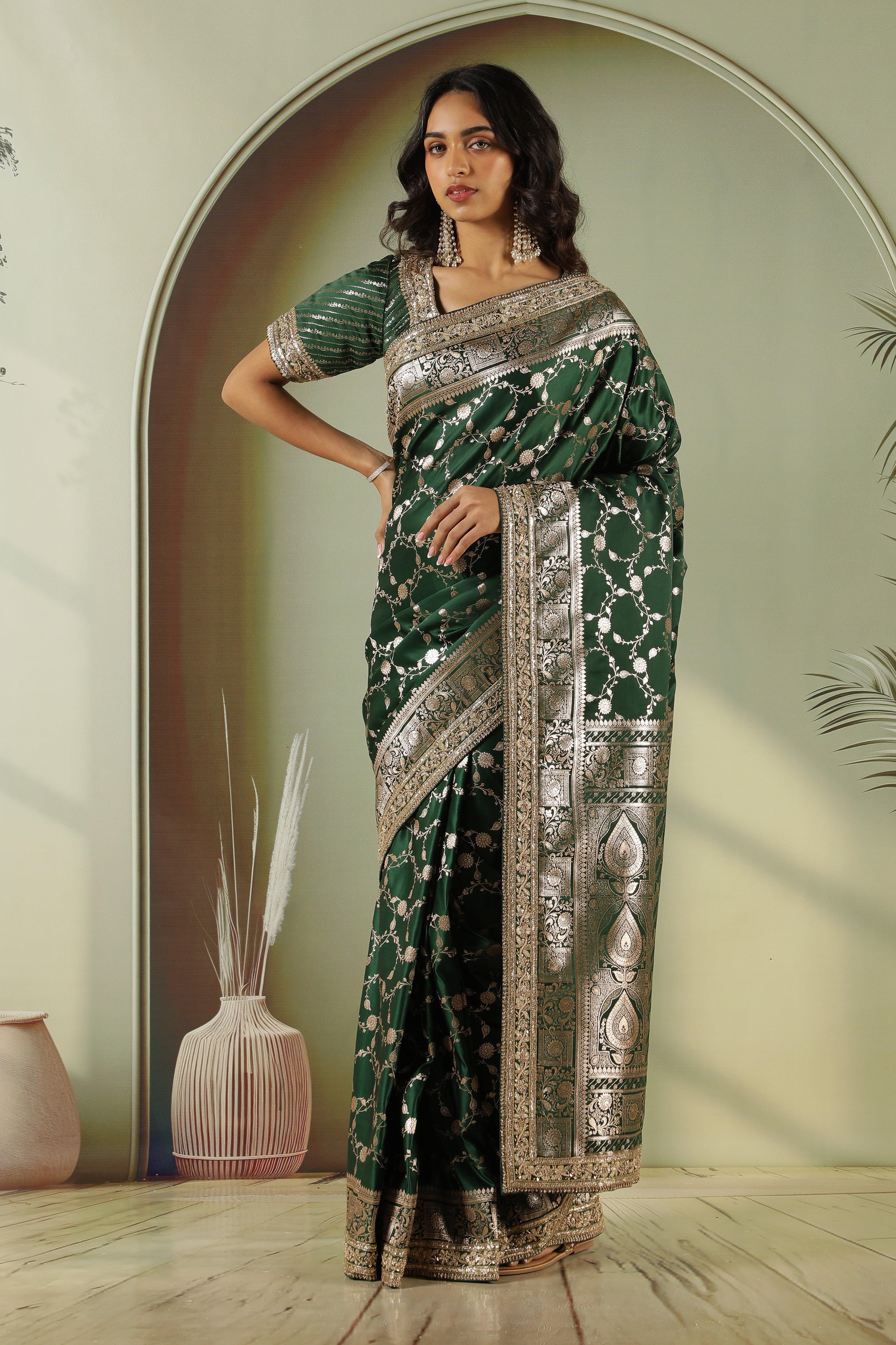 Bottle Green Banaras Silk Saree with Jardhosi Work