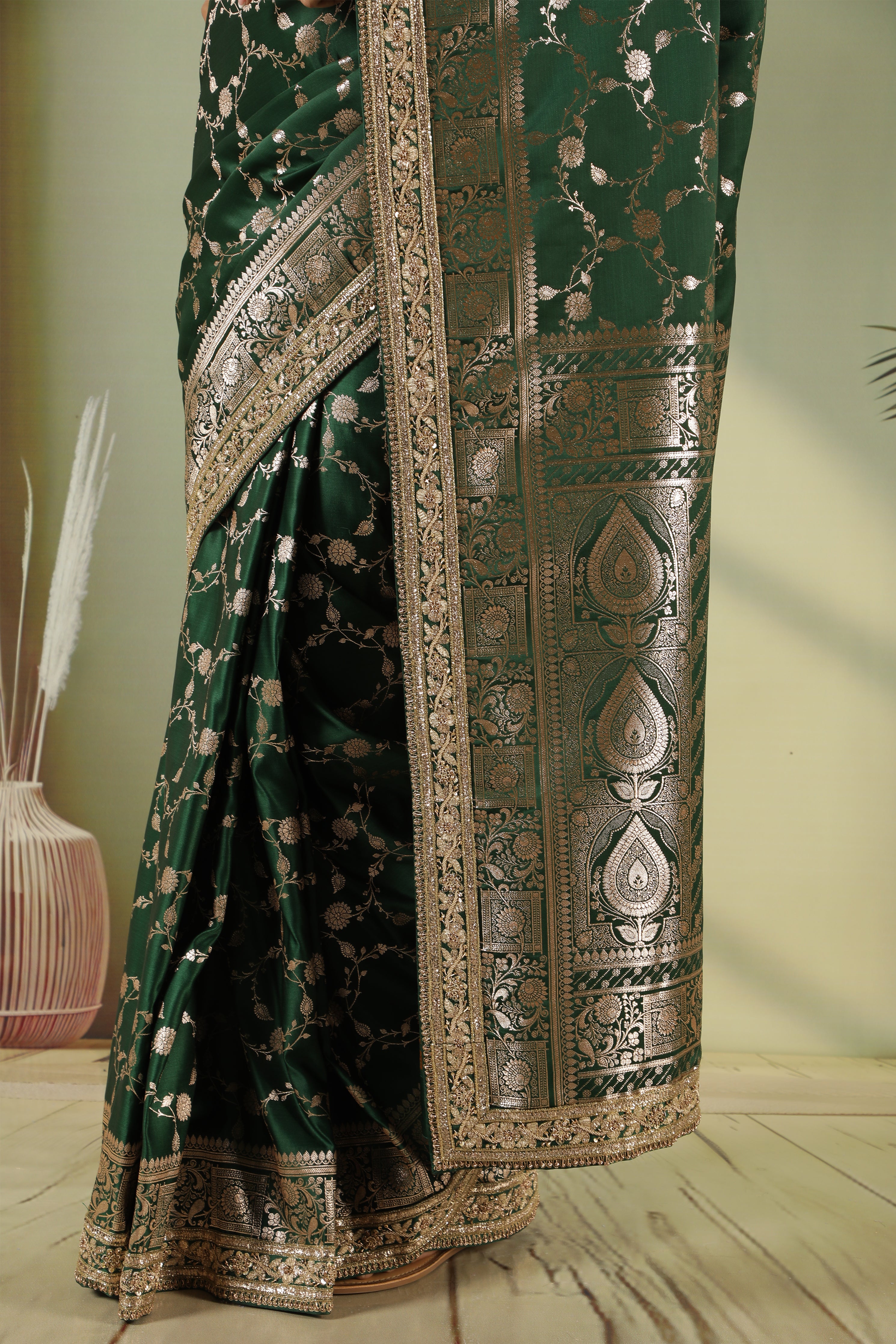 Bottle Green Banaras Silk Saree with Jardhosi Work
