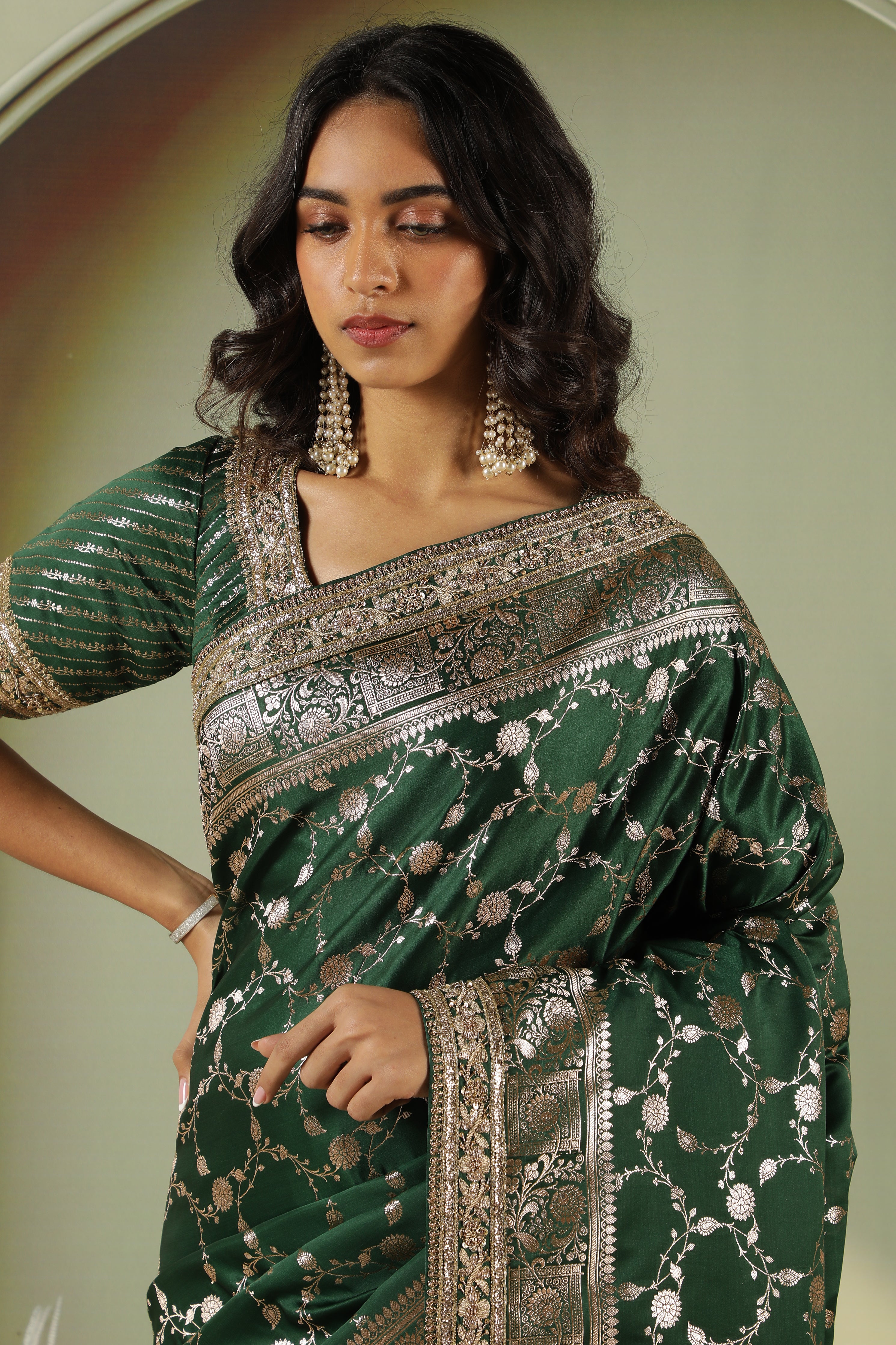 Bottle Green Banaras Silk Saree with Jardhosi Work