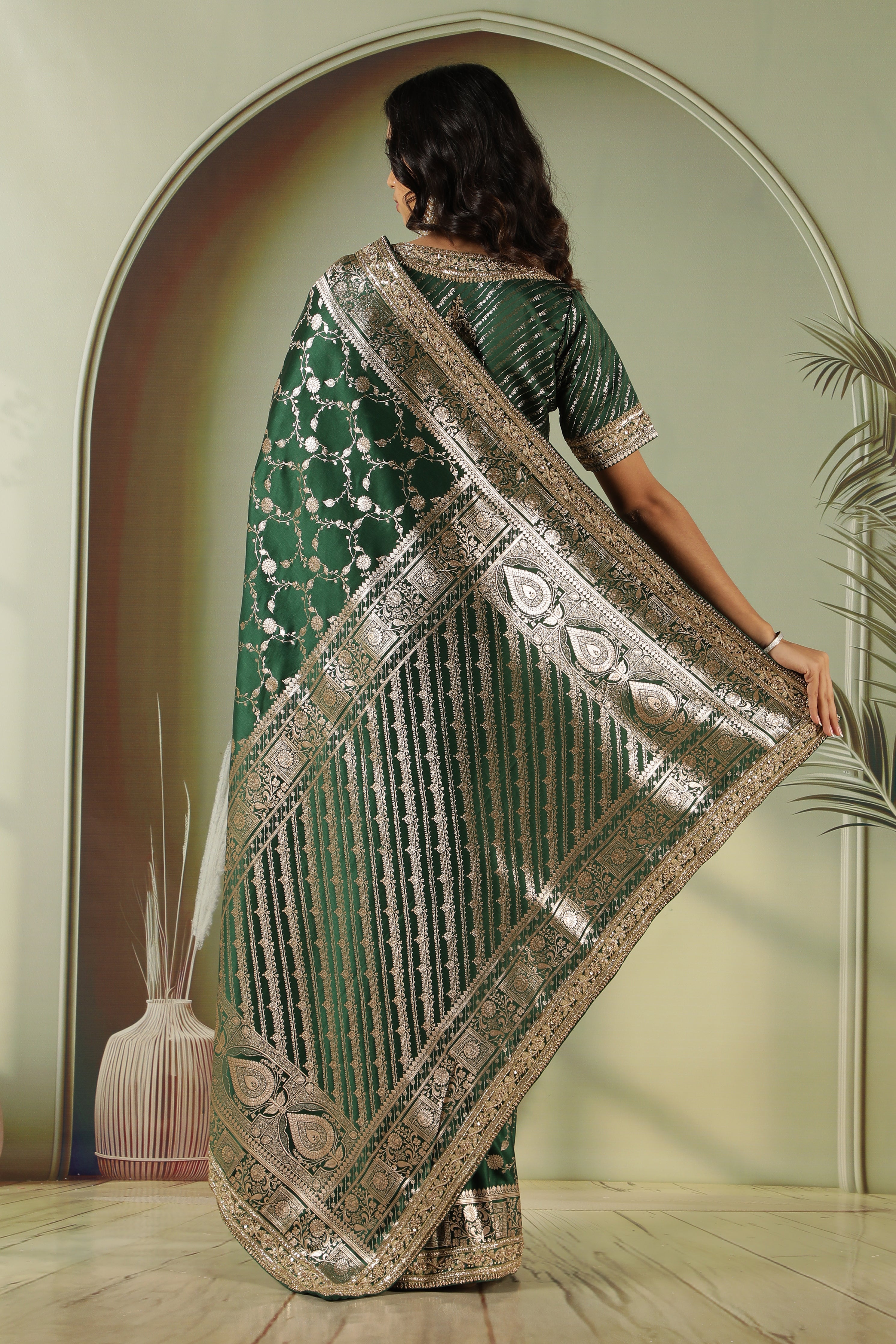 Bottle Green Banaras Silk Saree with Jardhosi Work