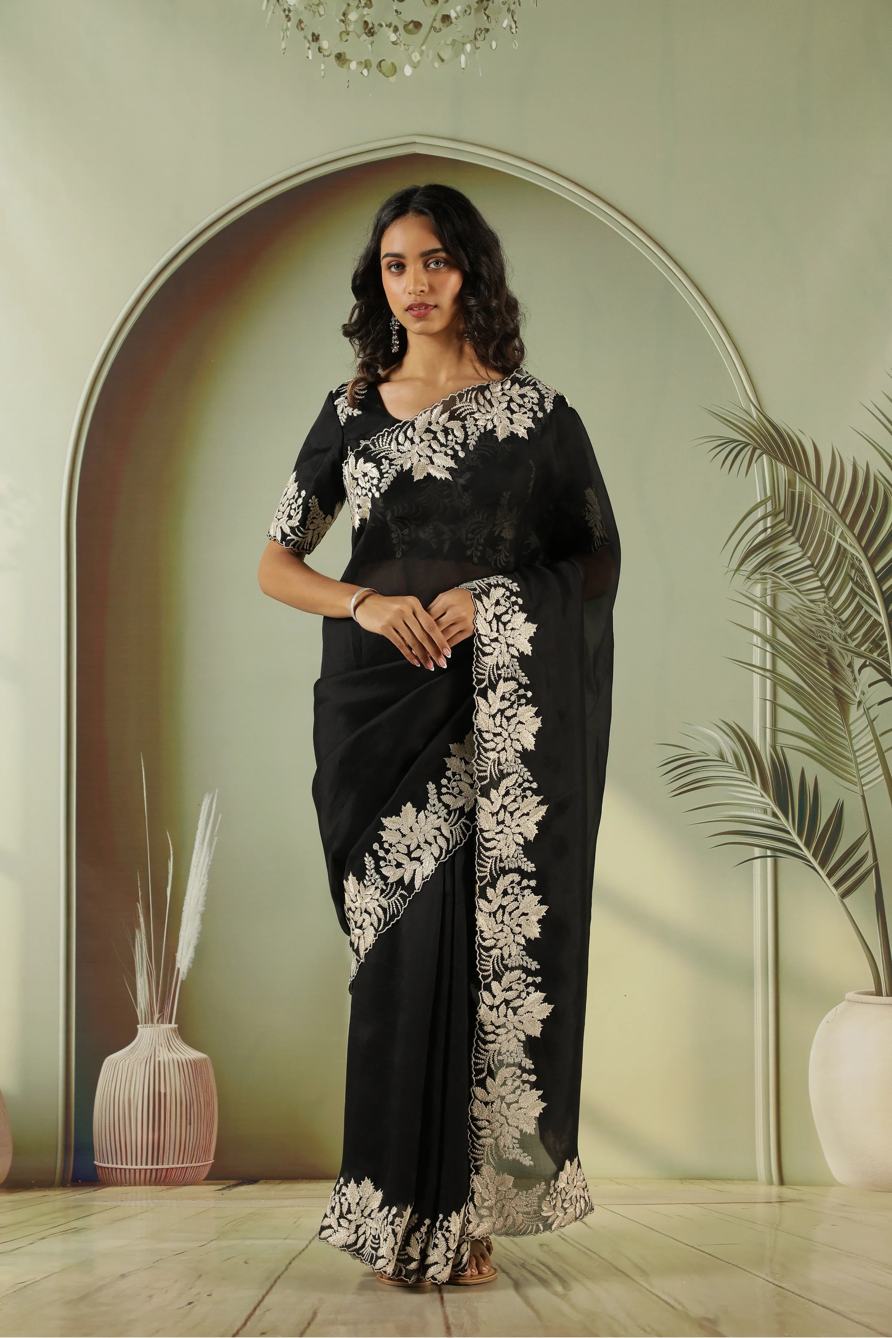 Black Organza Saree with Embroidery Border | Mokshaa