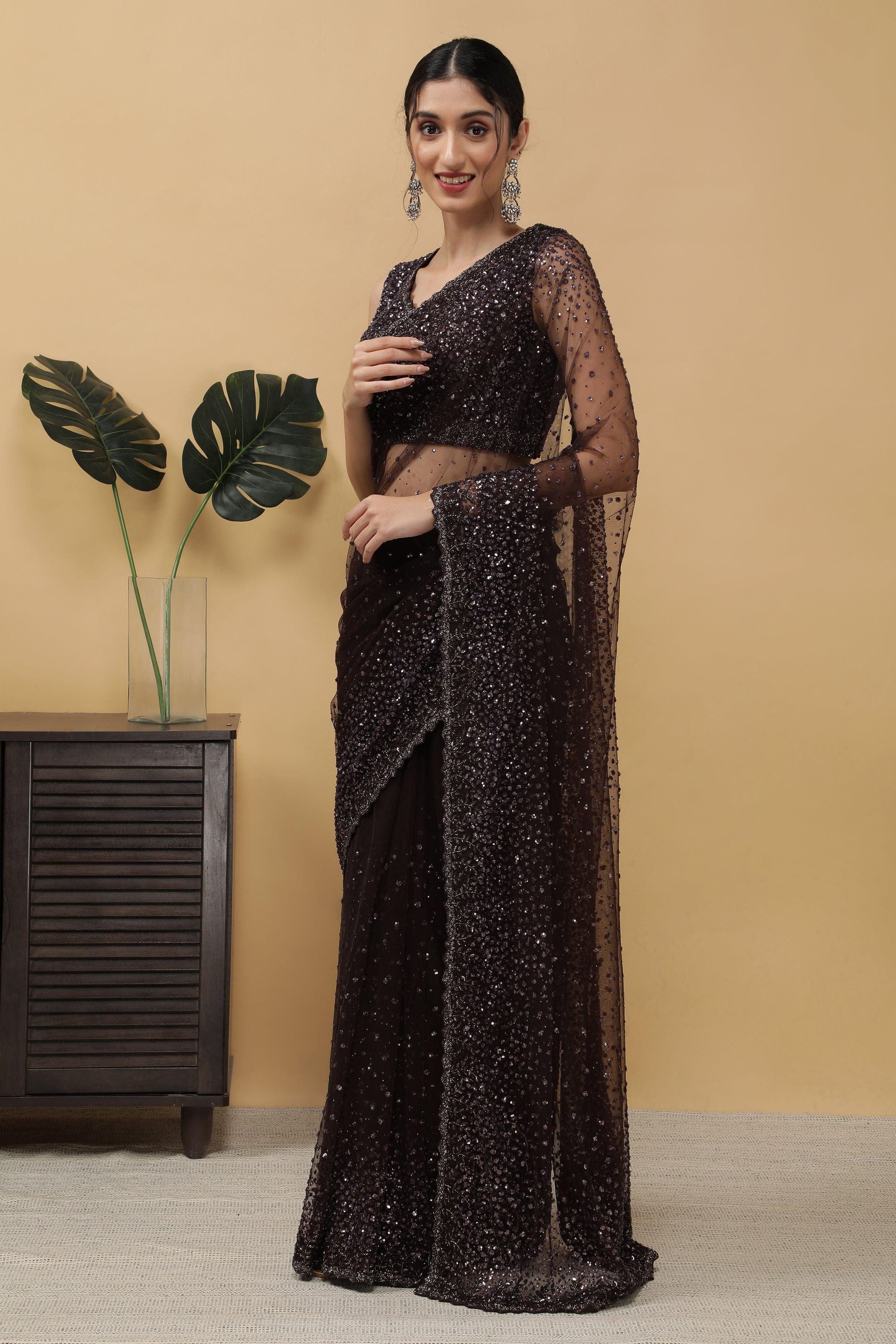 Dark Brown Net Saree - Mokshaa