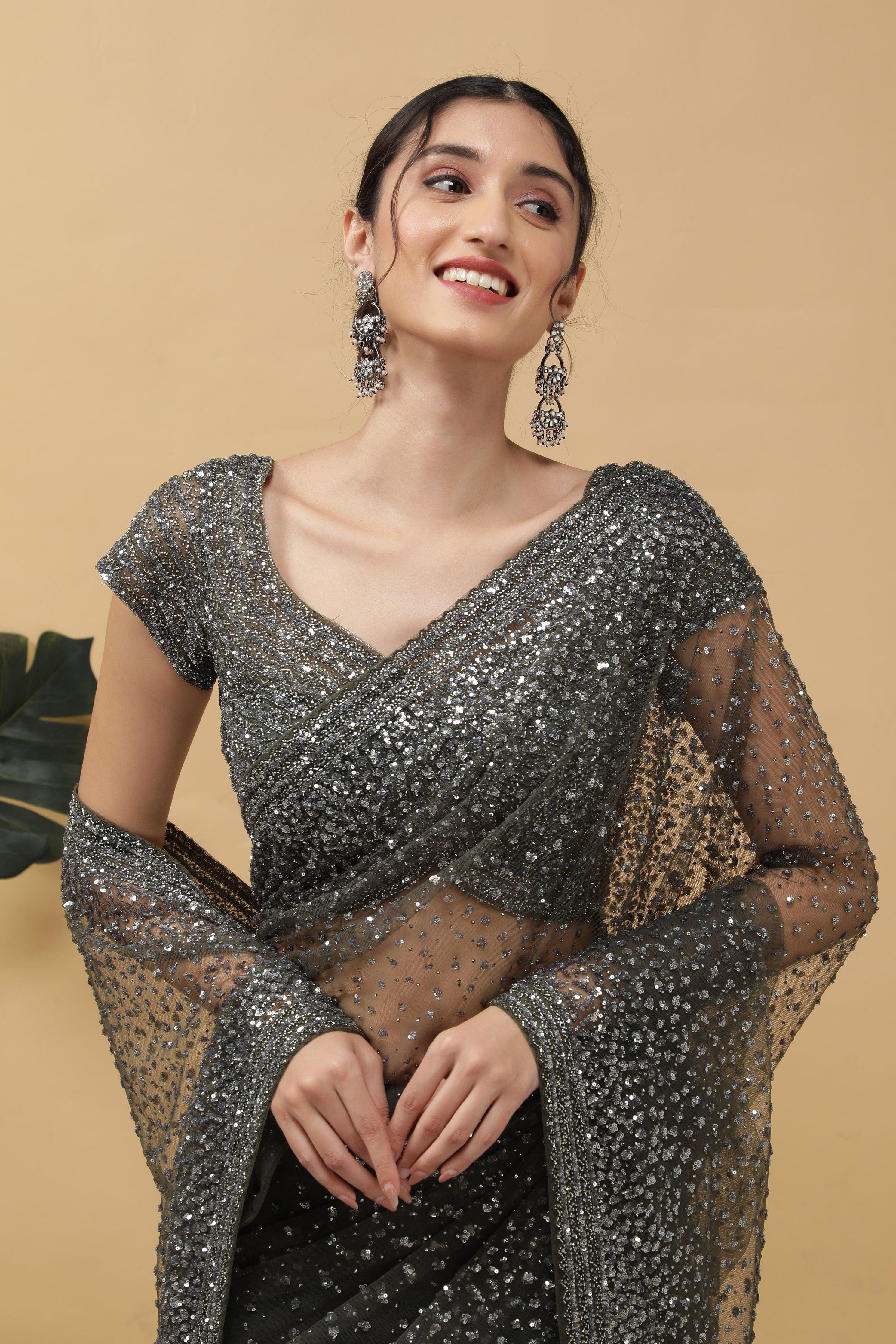 Dusty Green Net Saree - Mokshaa