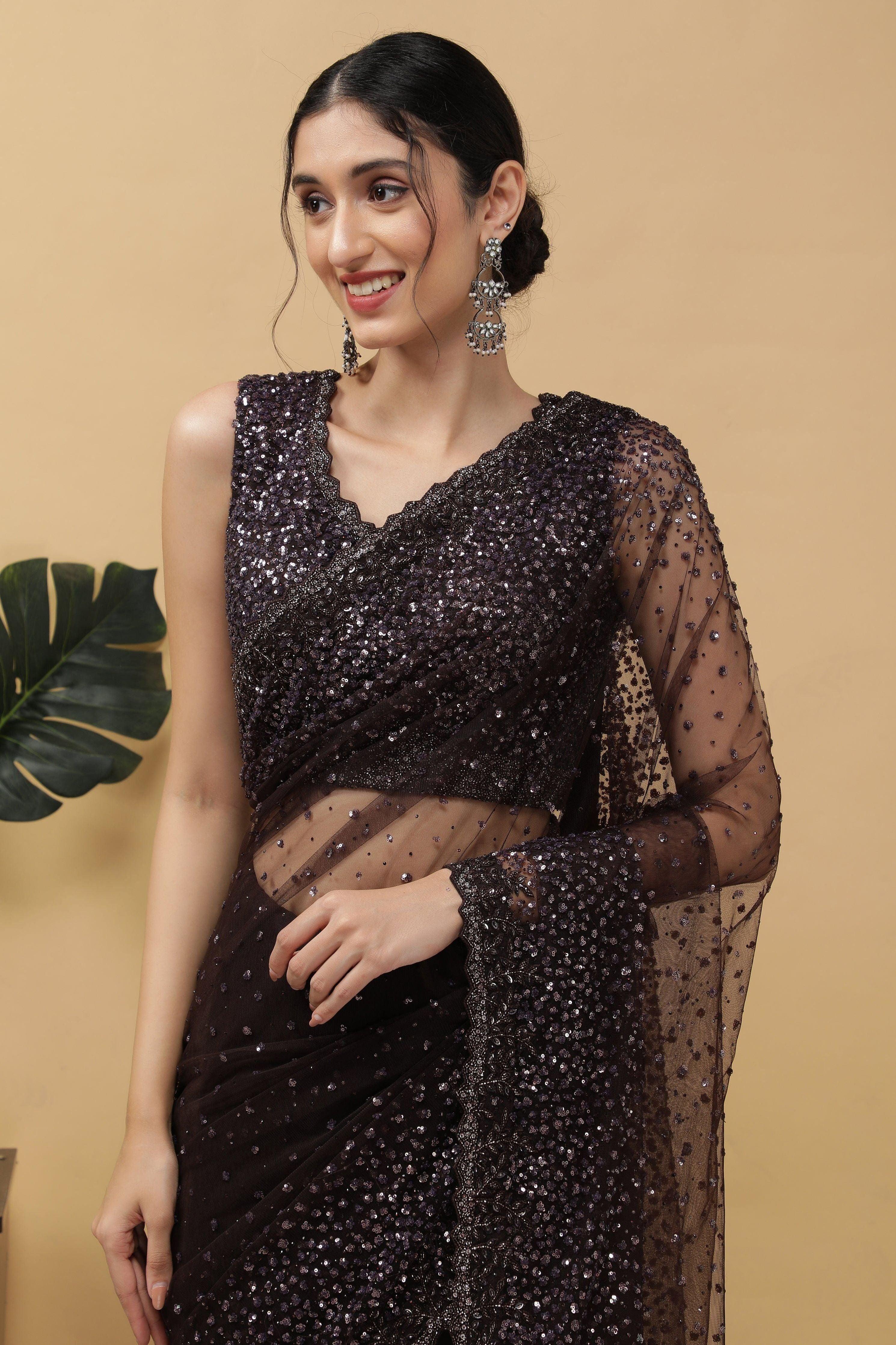 Dark Brown Net Saree - Mokshaa
