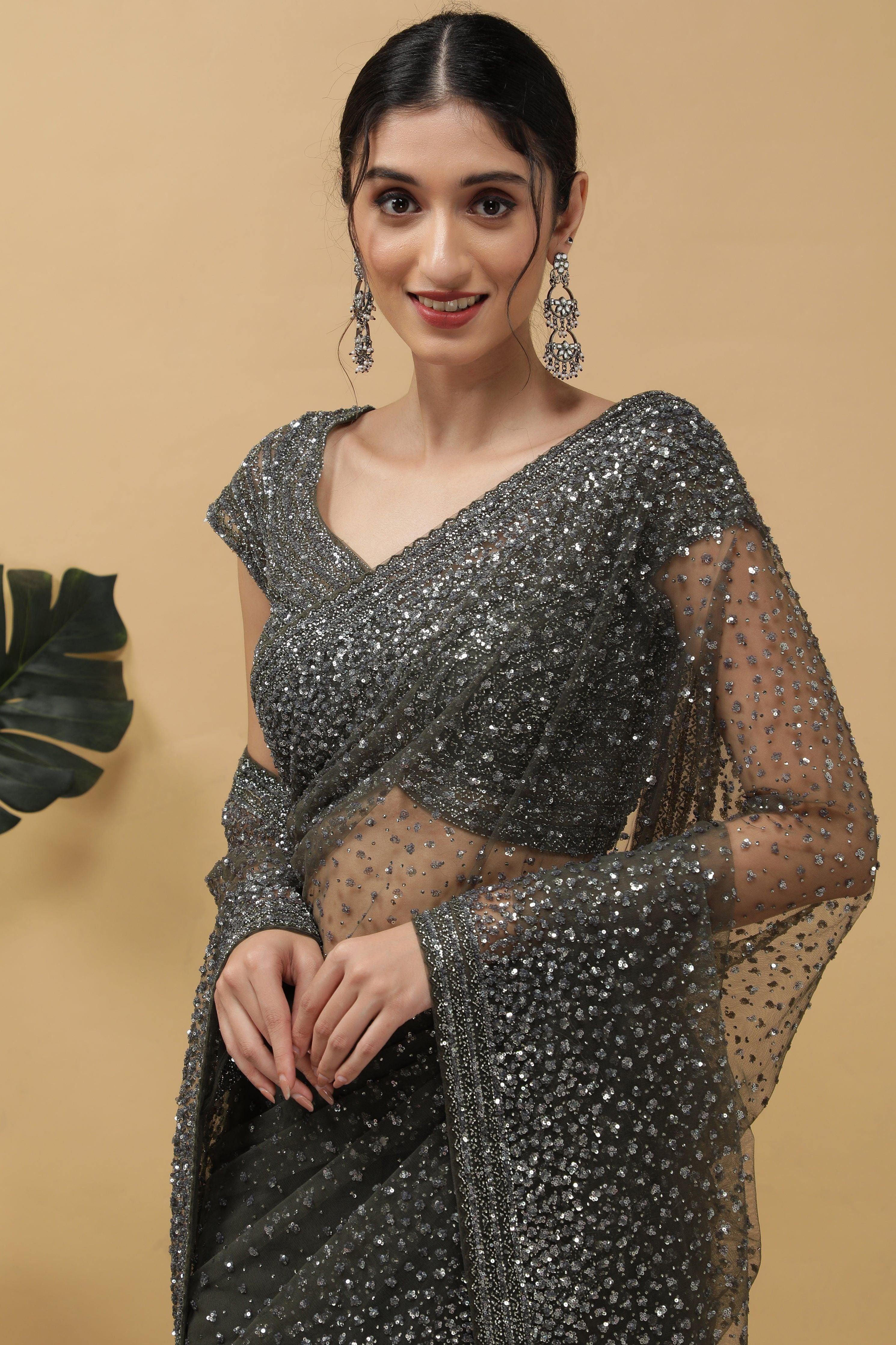 Dusty Green Net Saree - Mokshaa