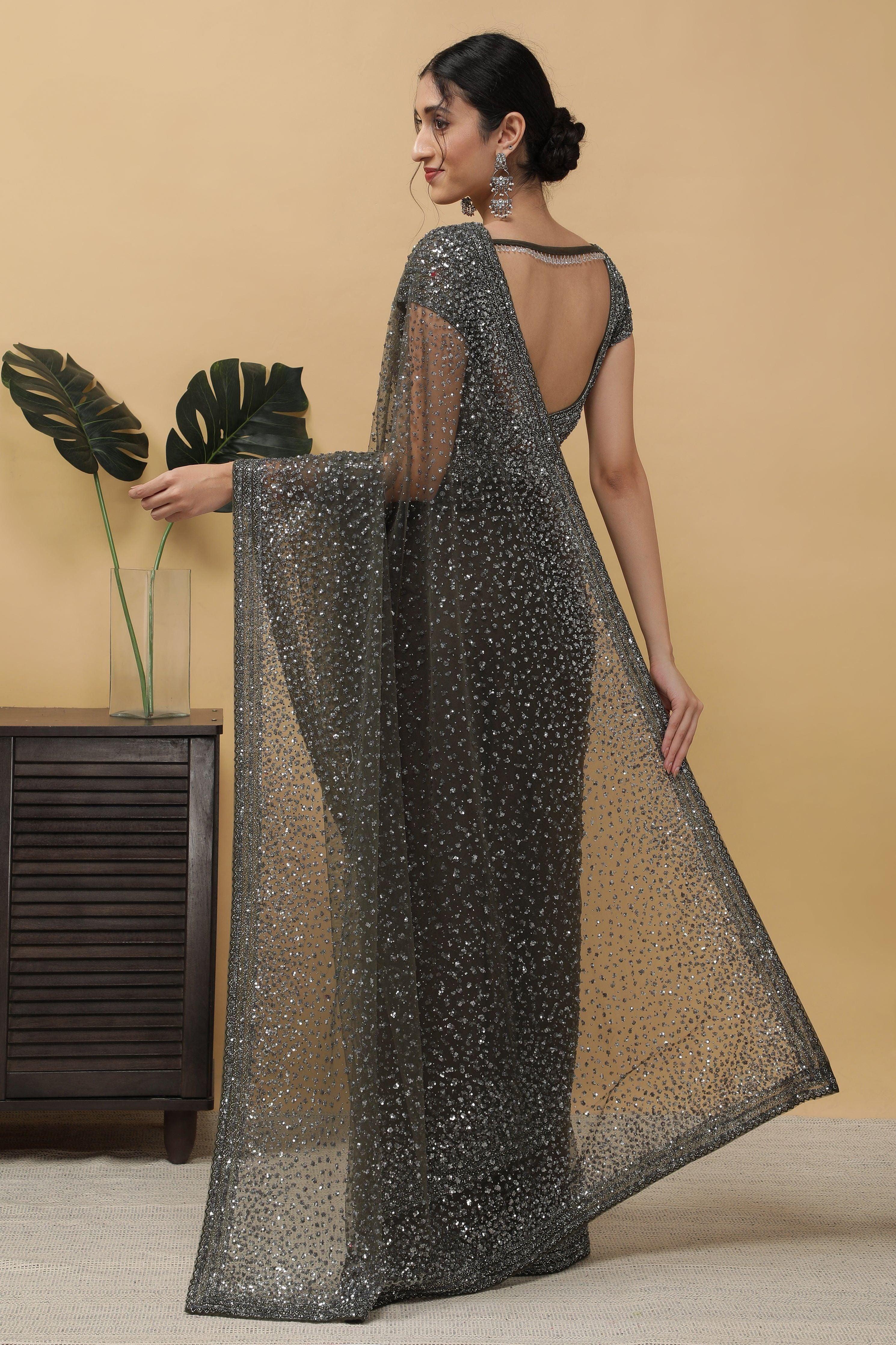 Dusty Green Net Saree - Mokshaa