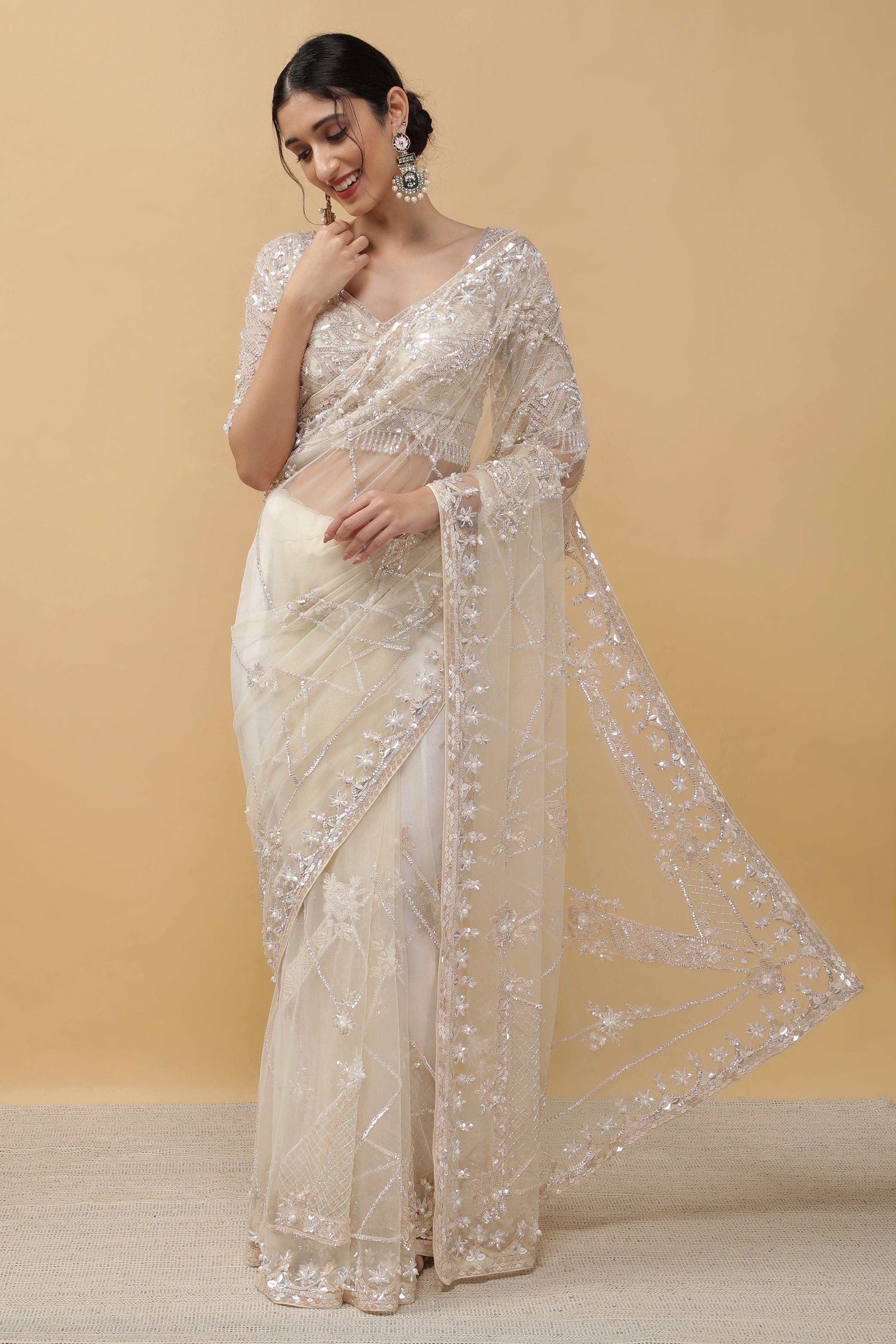 Ivory Net Saree - Mokshaa