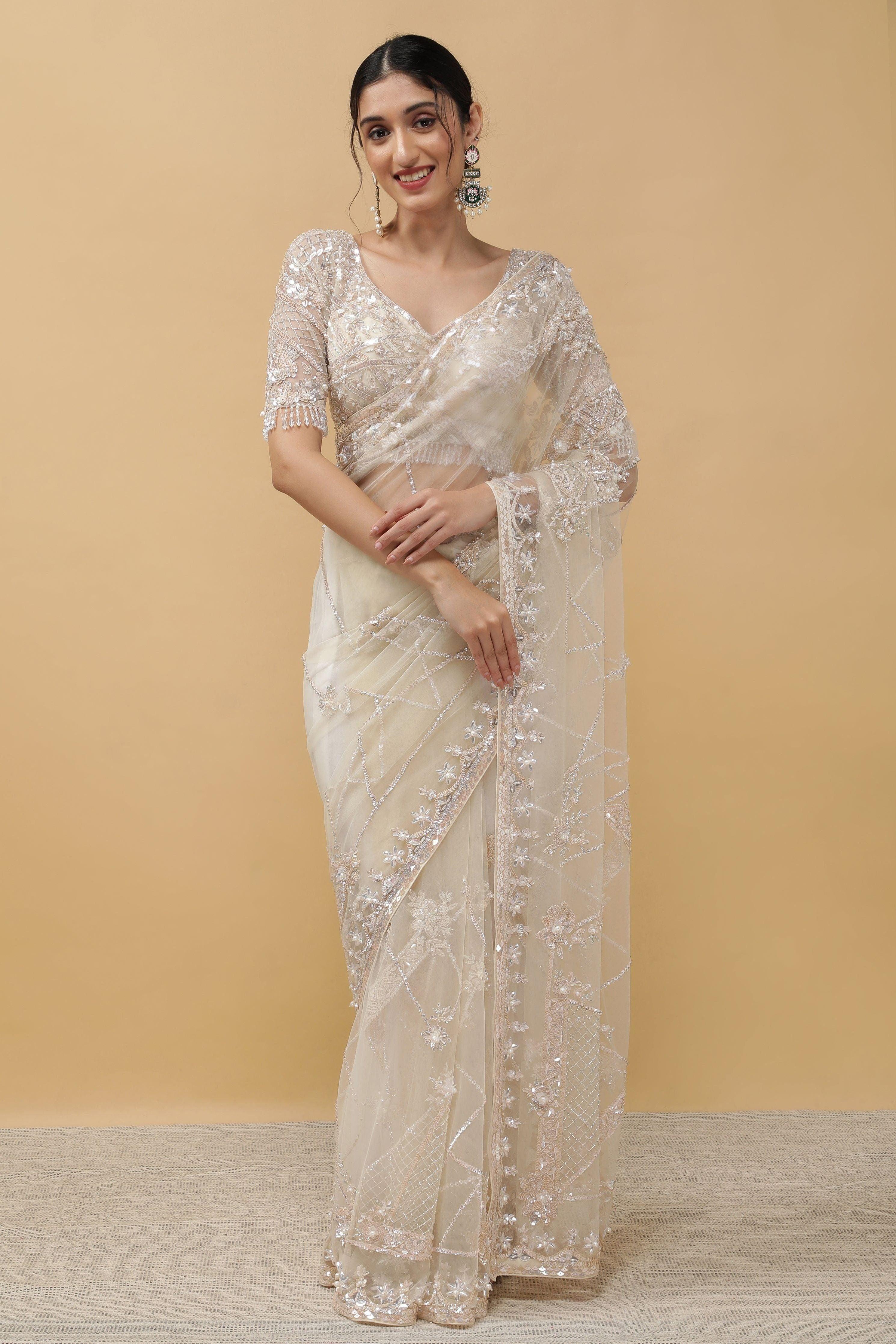 Ivory Net Saree - Mokshaa