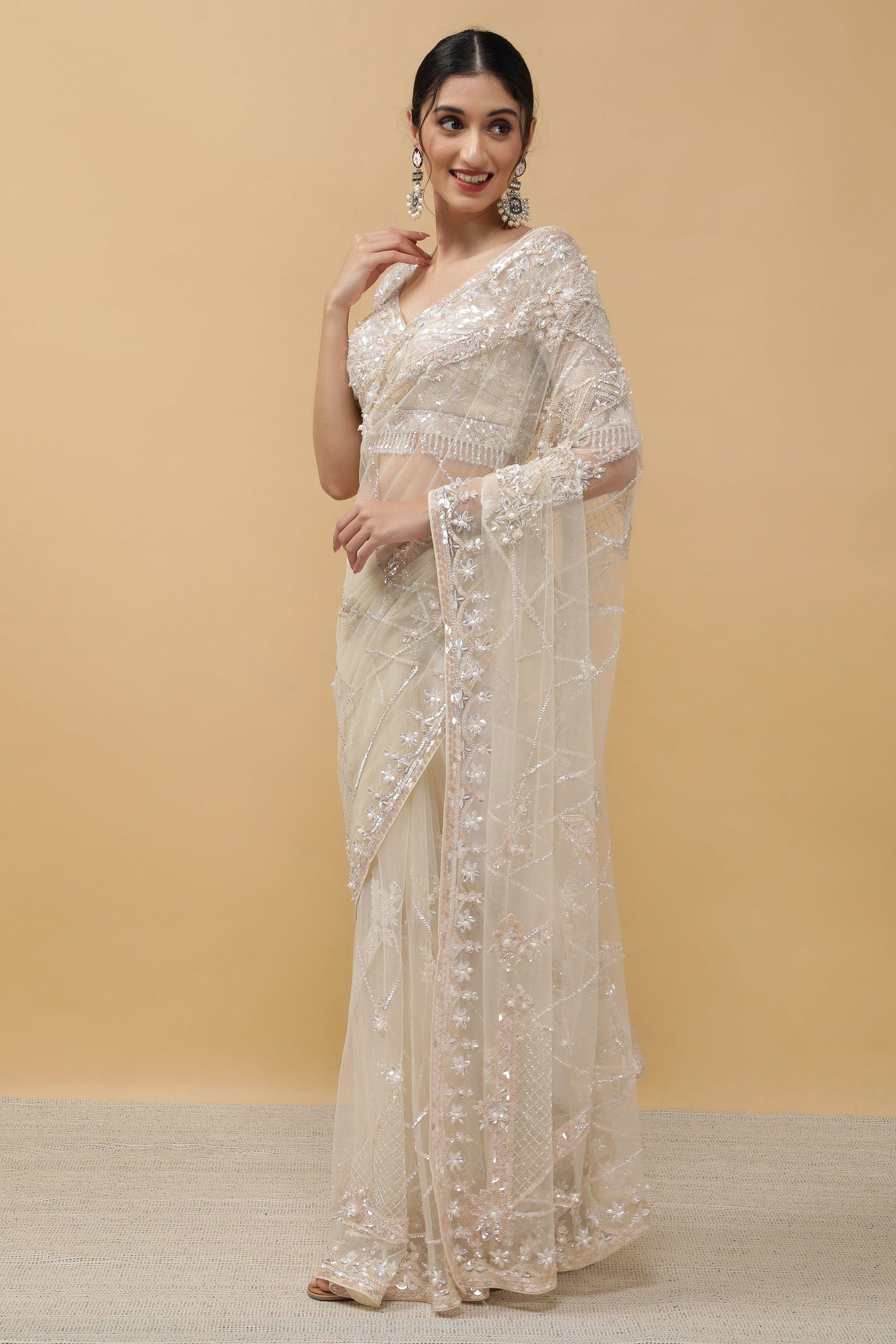 Ivory Net Saree - Mokshaa