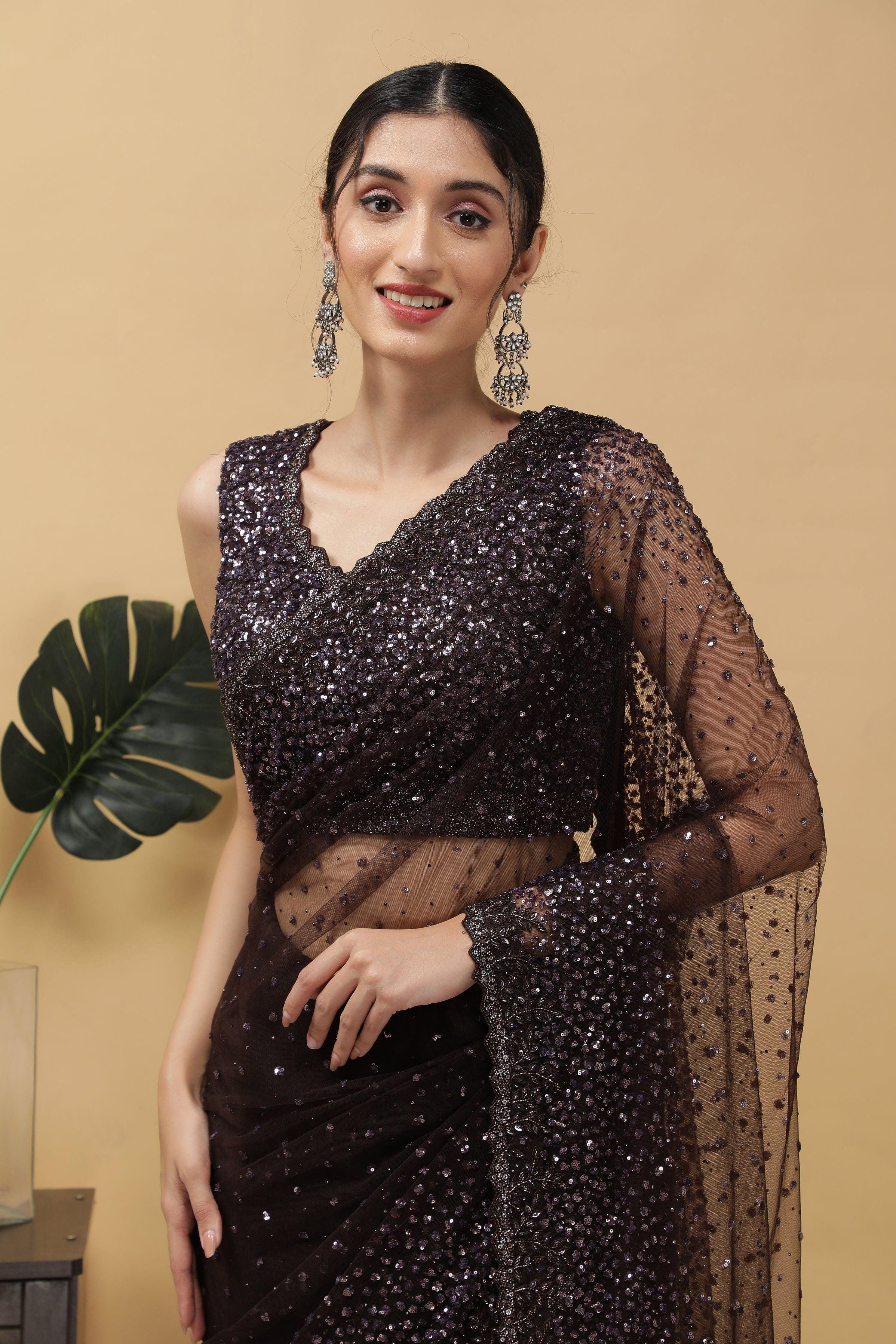 Dark Brown Net Saree - Mokshaa