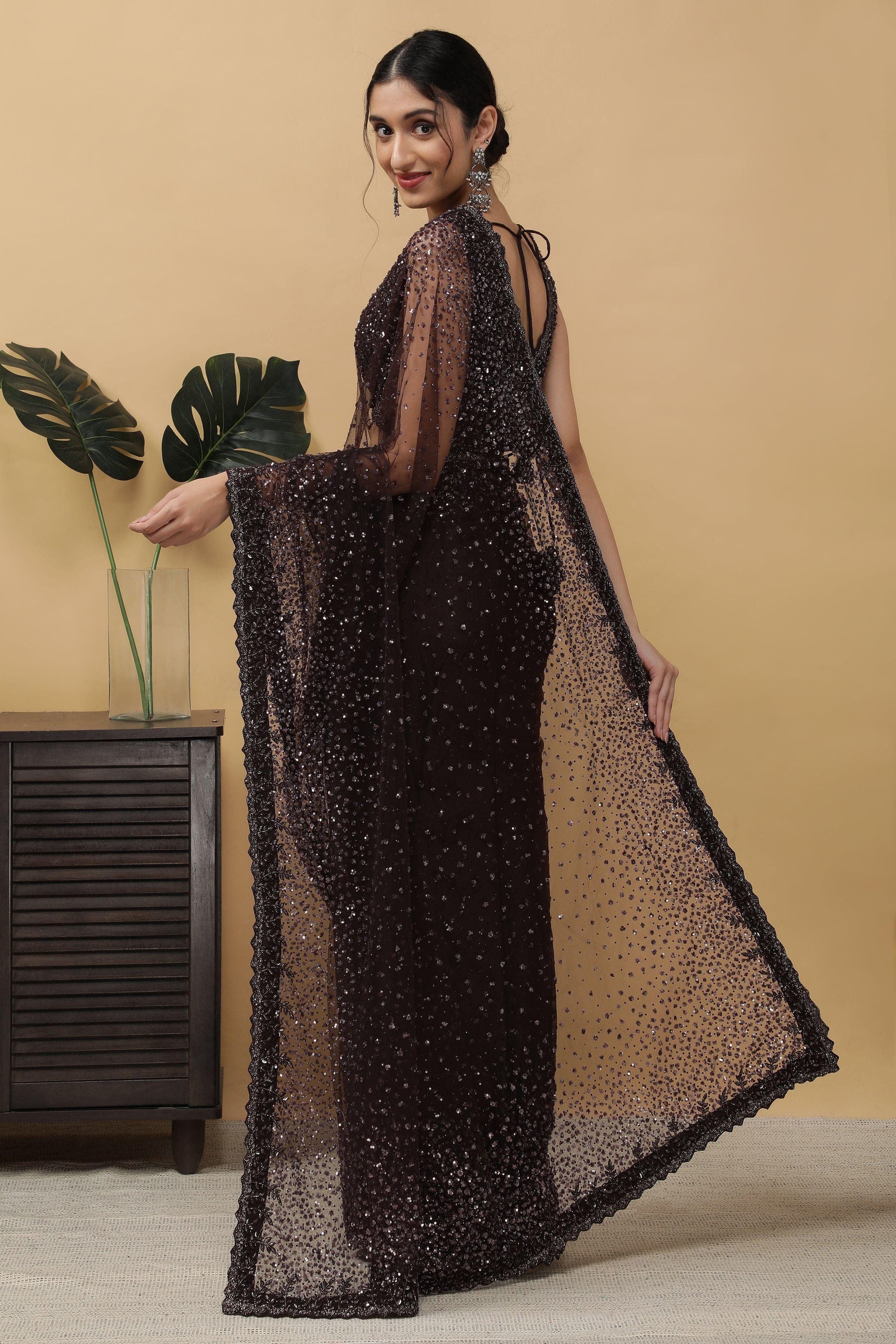 Dark Brown Net Saree - Mokshaa