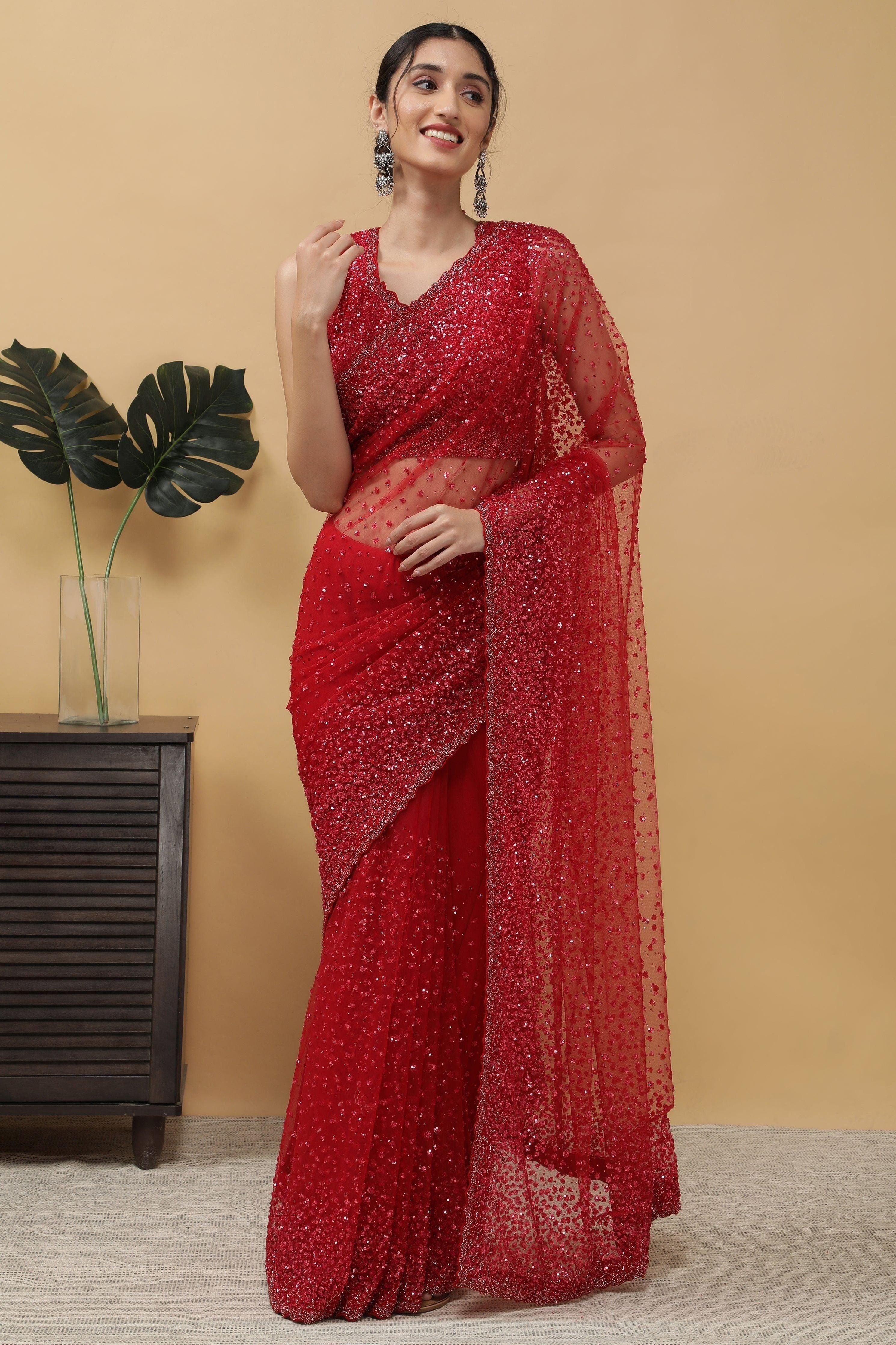 Red Net Saree - Mokshaa
