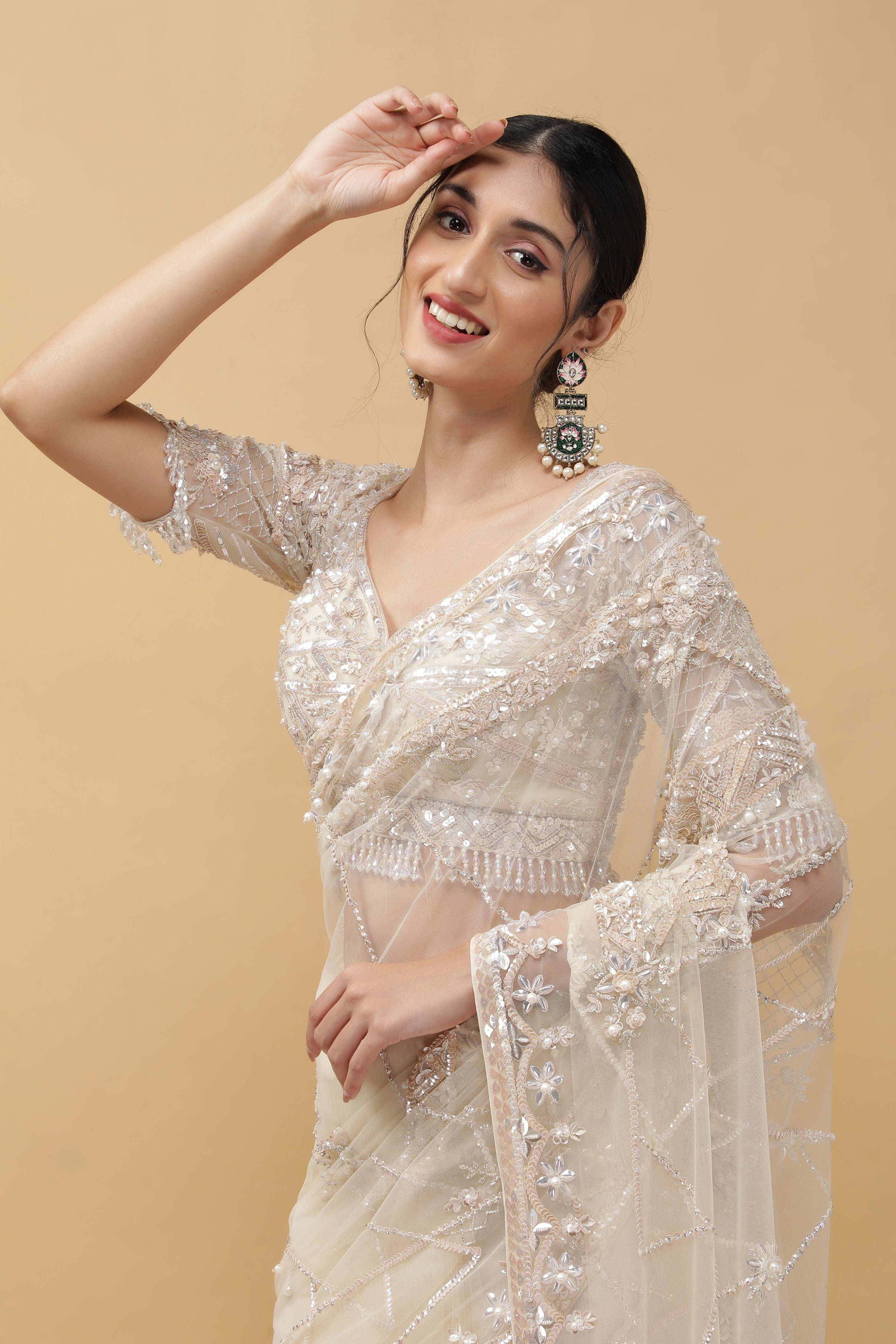 Ivory Net Saree - Mokshaa