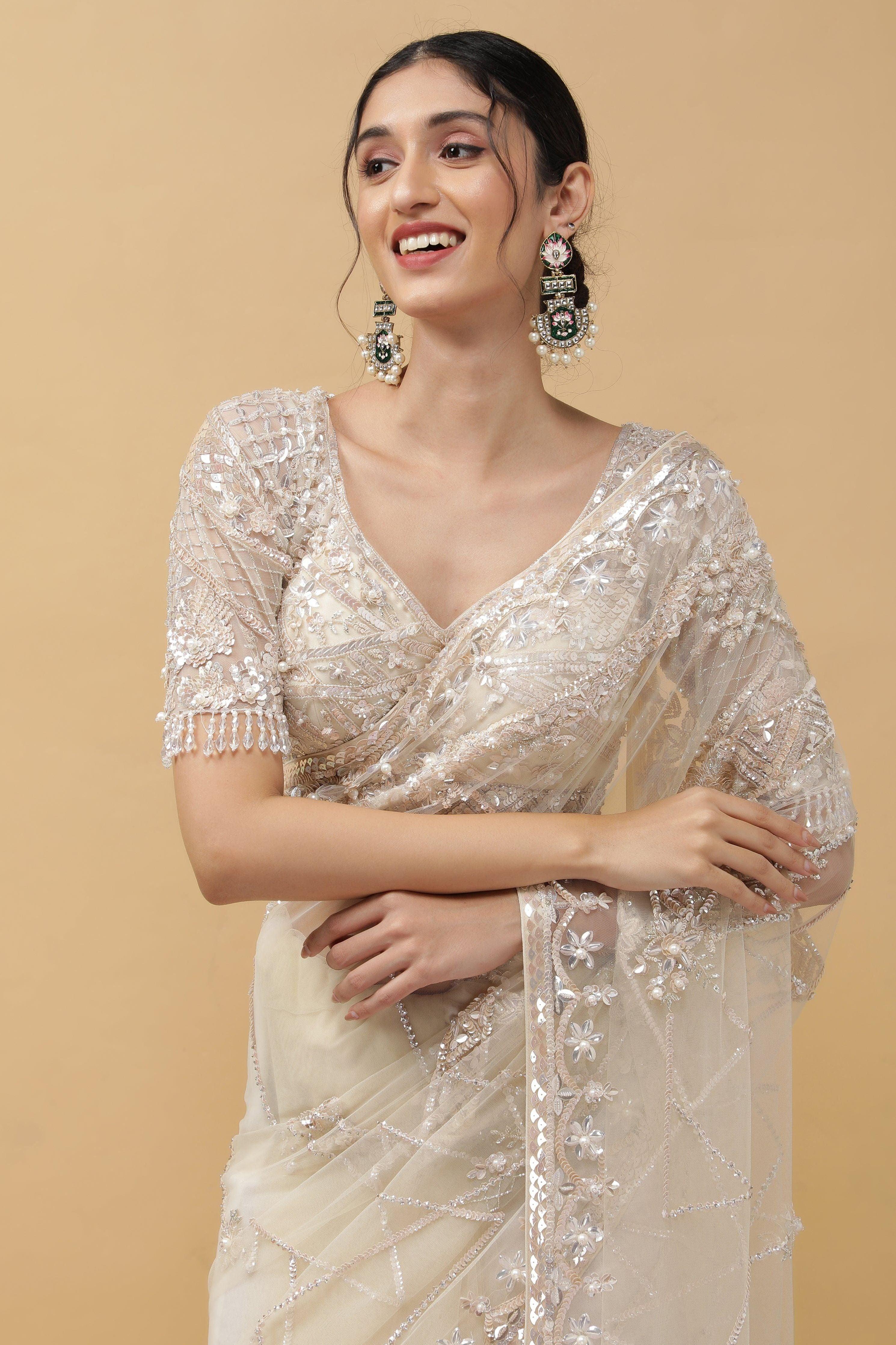 Ivory Net Saree - Mokshaa