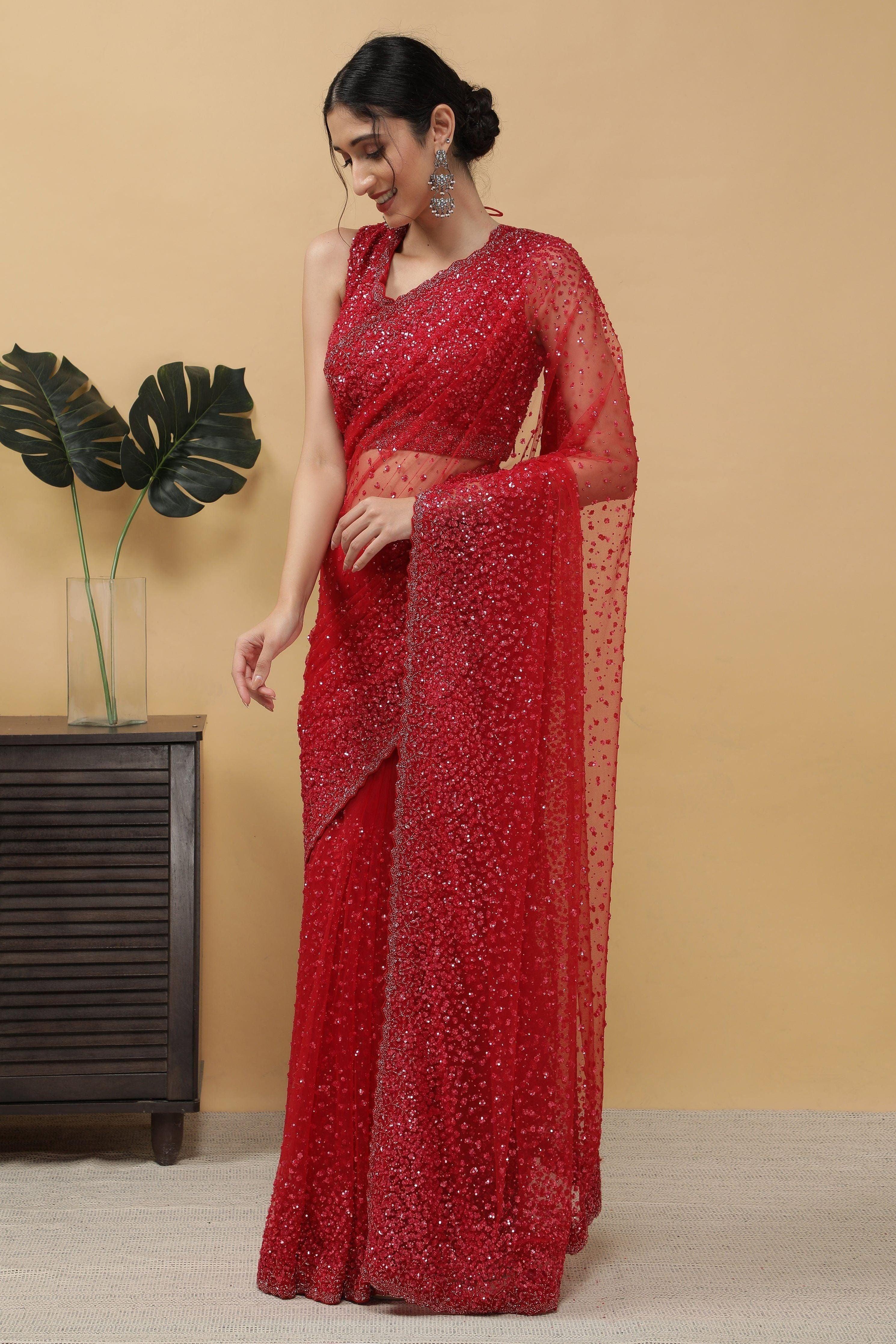 Red Net Saree - Mokshaa