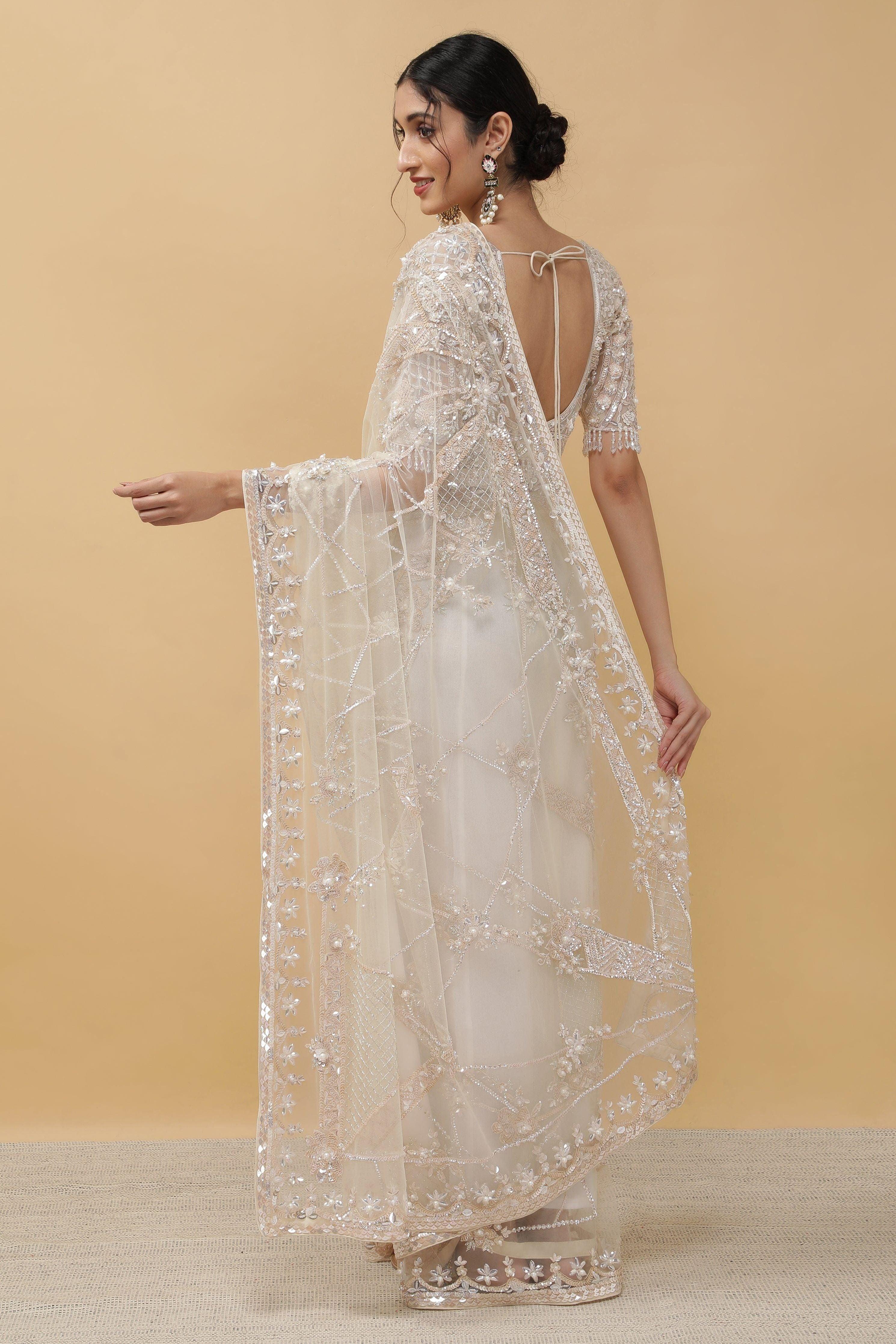 Ivory Net Saree - Mokshaa