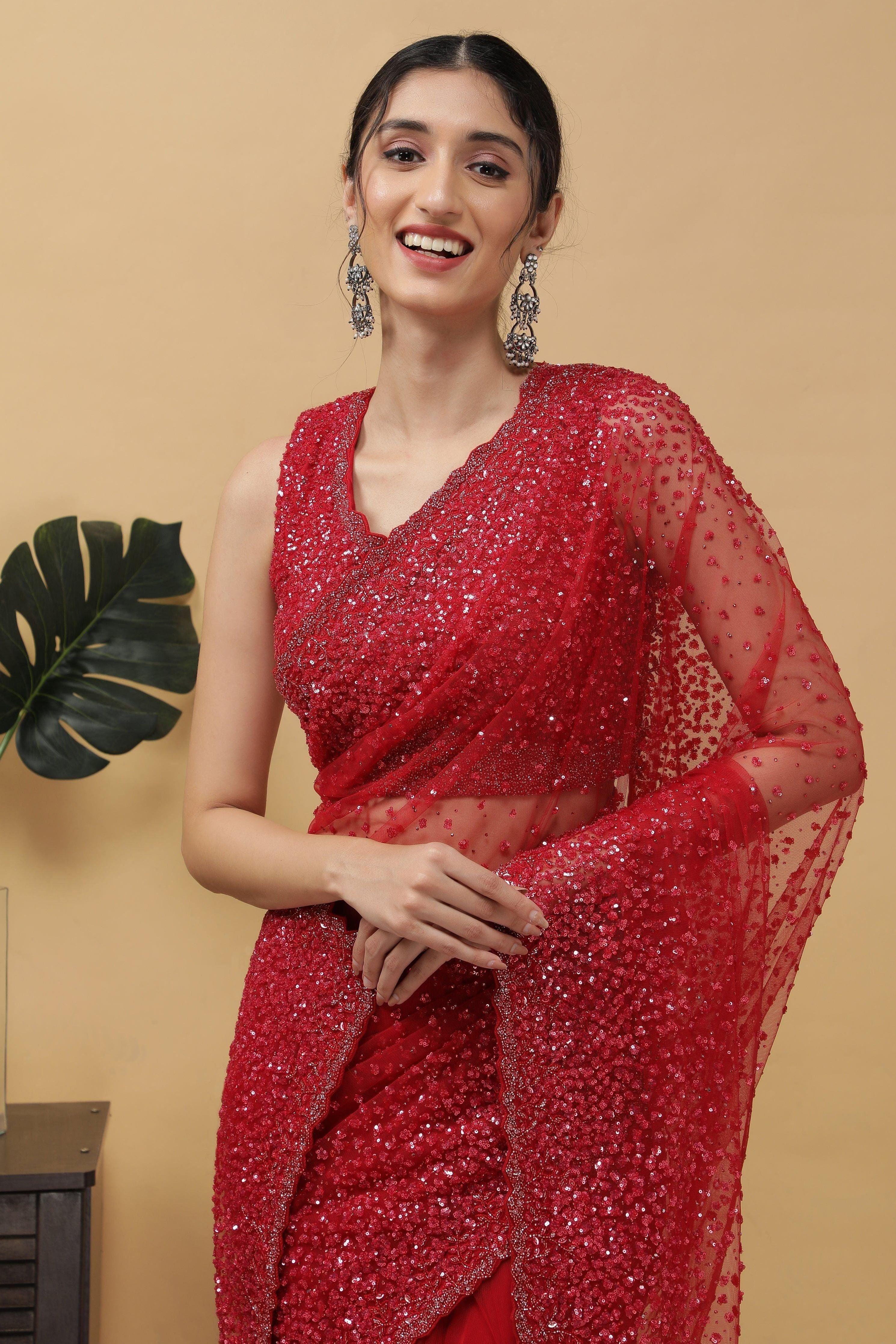 Red Net Saree - Mokshaa