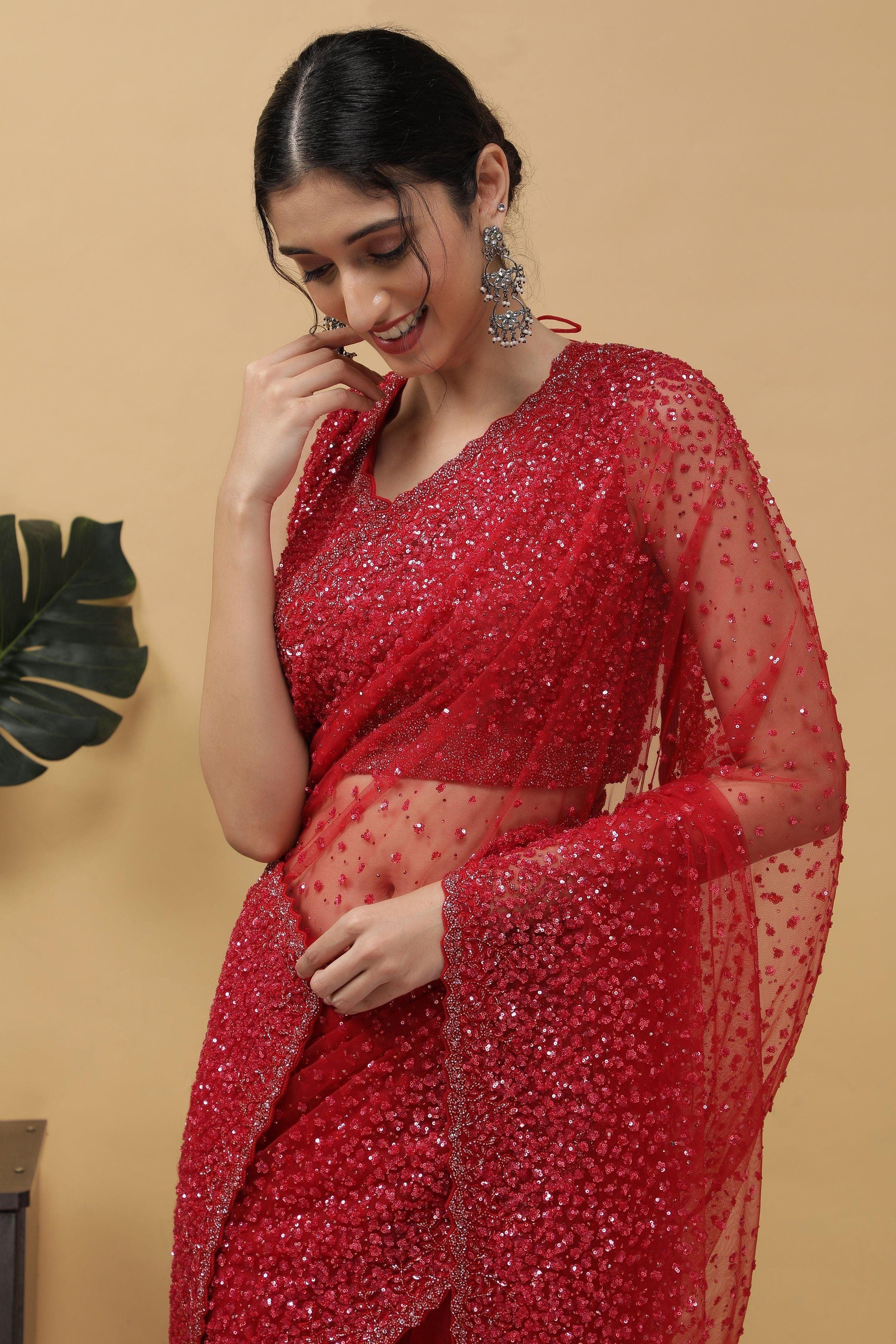 Red Net Saree - Mokshaa