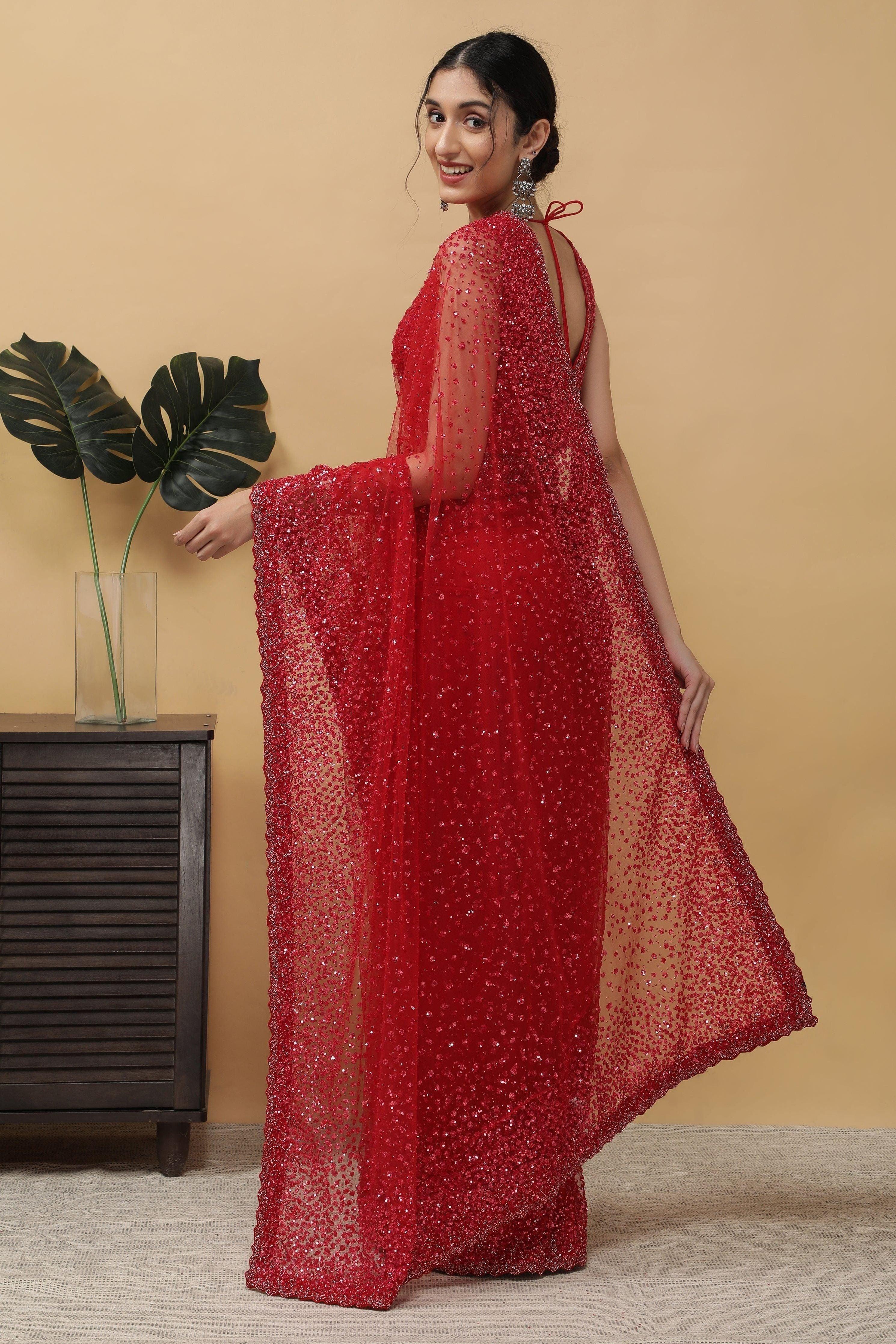 Red Net Saree - Mokshaa