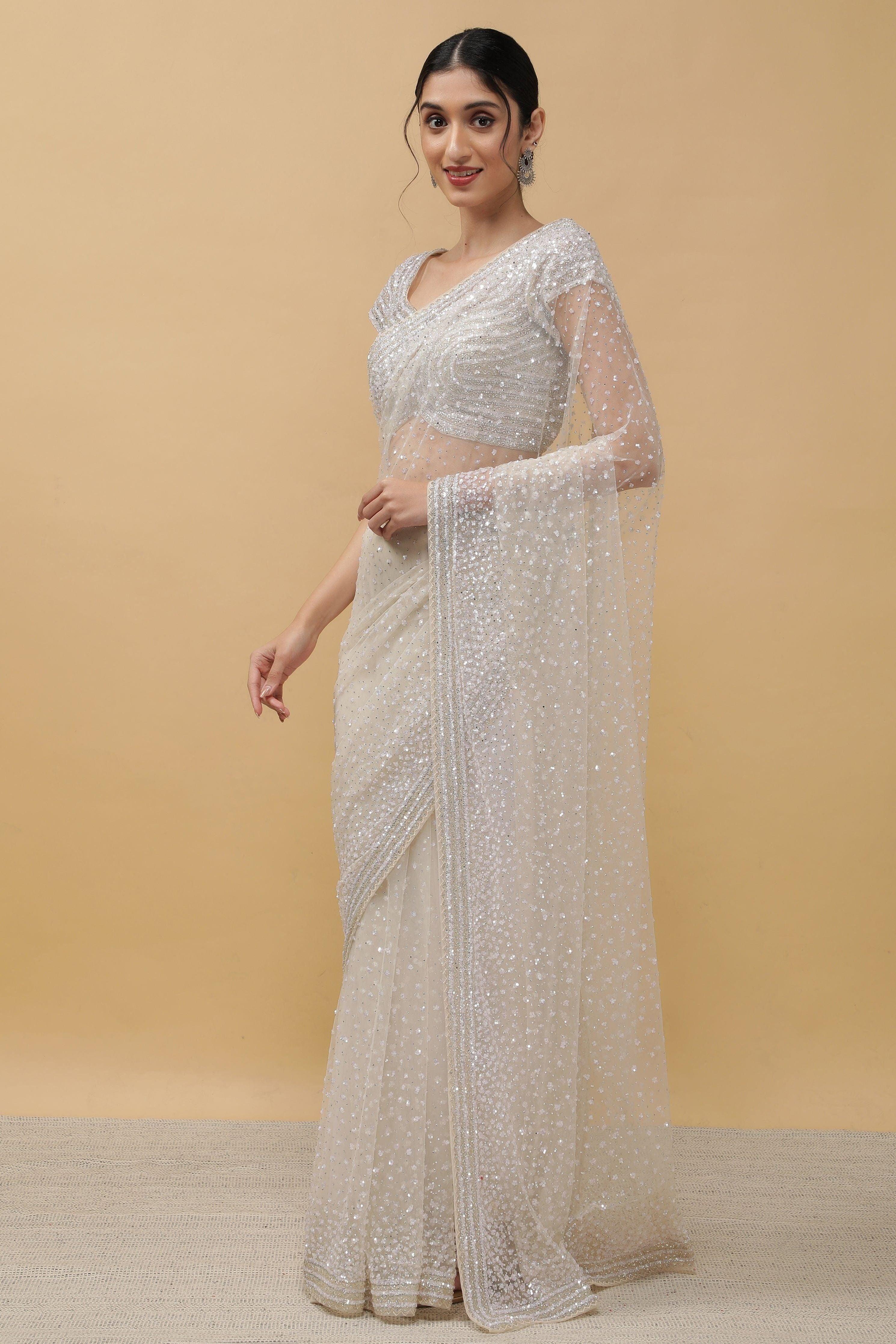 Off White Net Saree With Sequins - Mokshaa