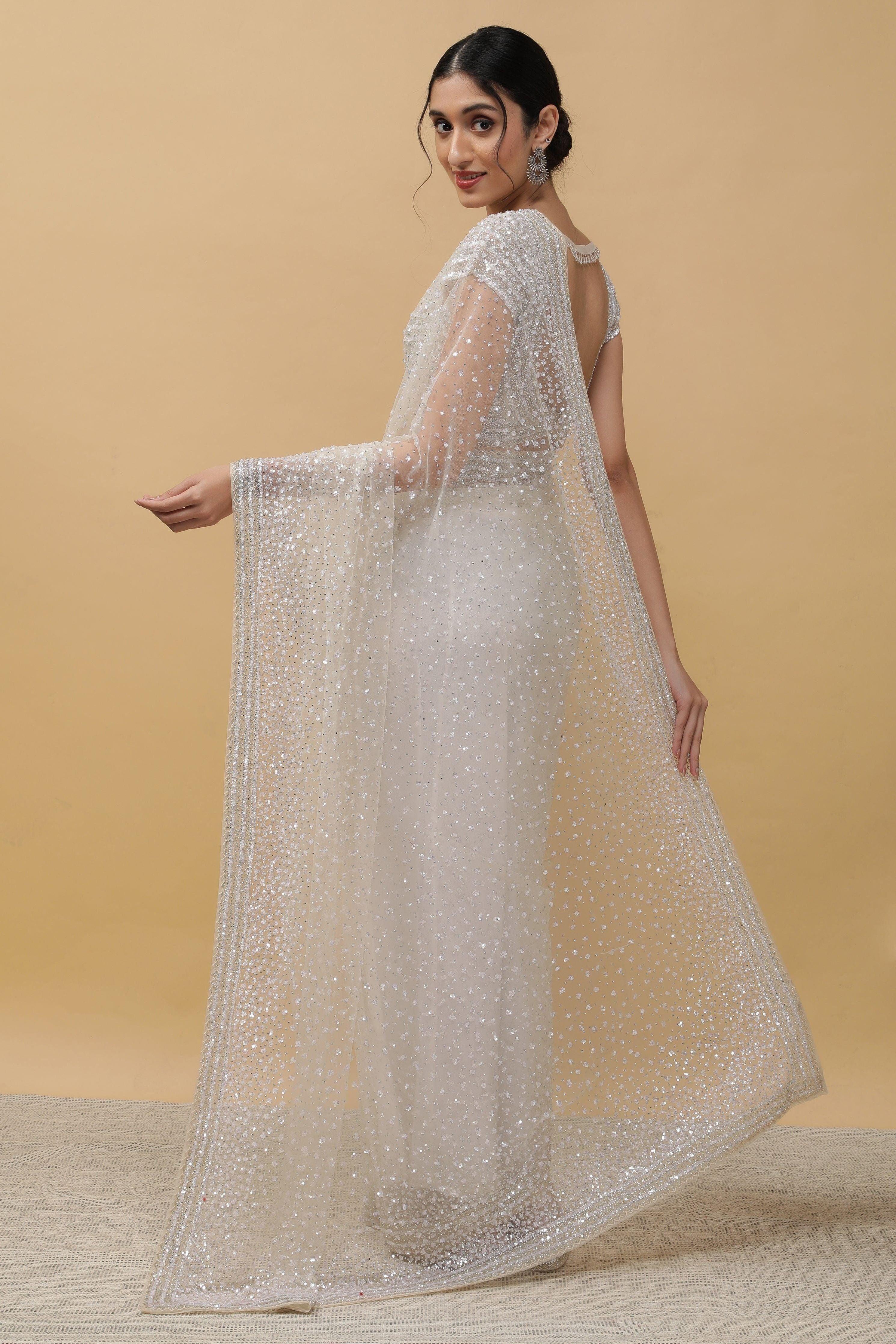 Off White Net Saree With Sequins - Mokshaa