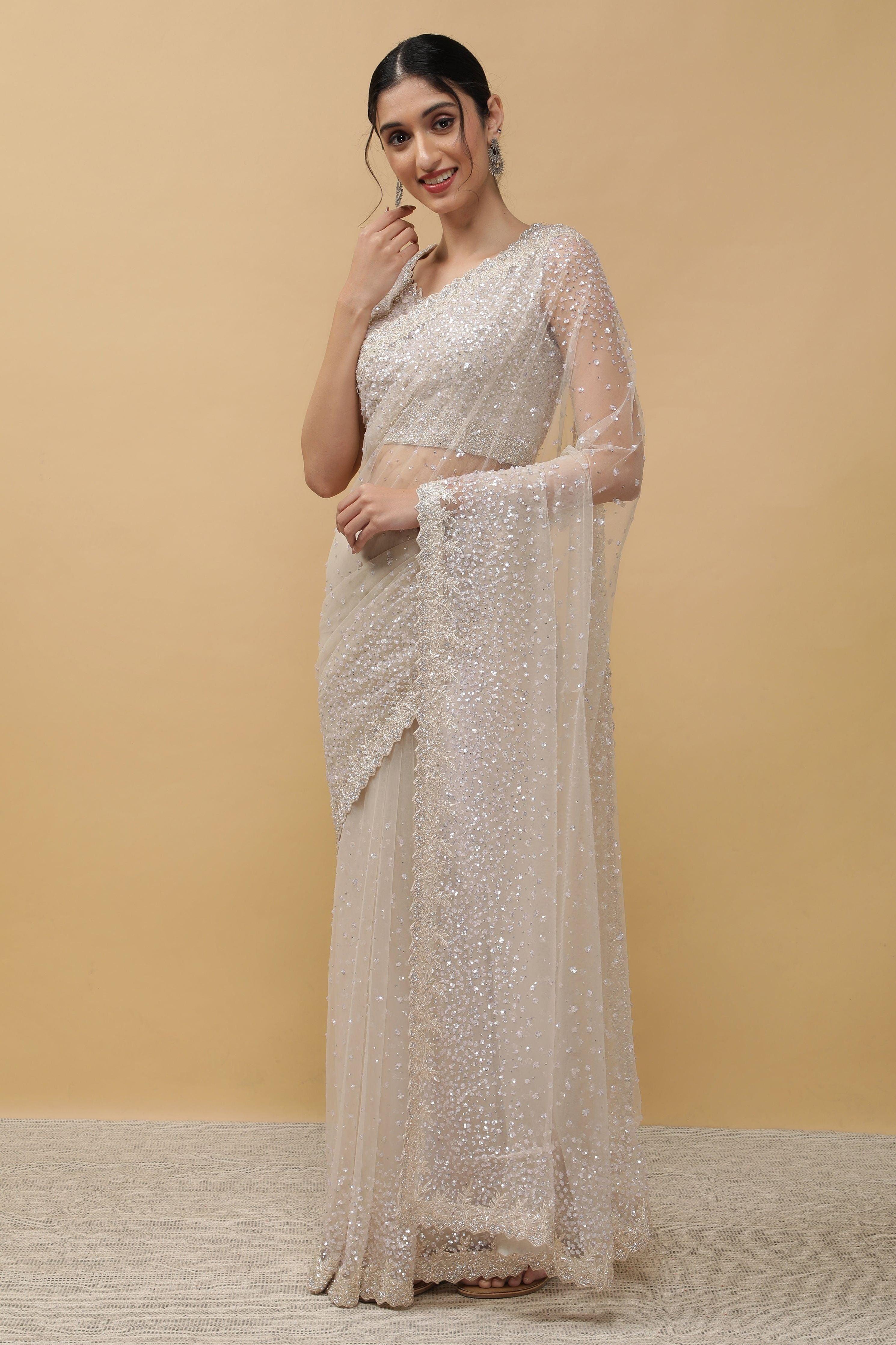 Off White Net Saree - Mokshaa
