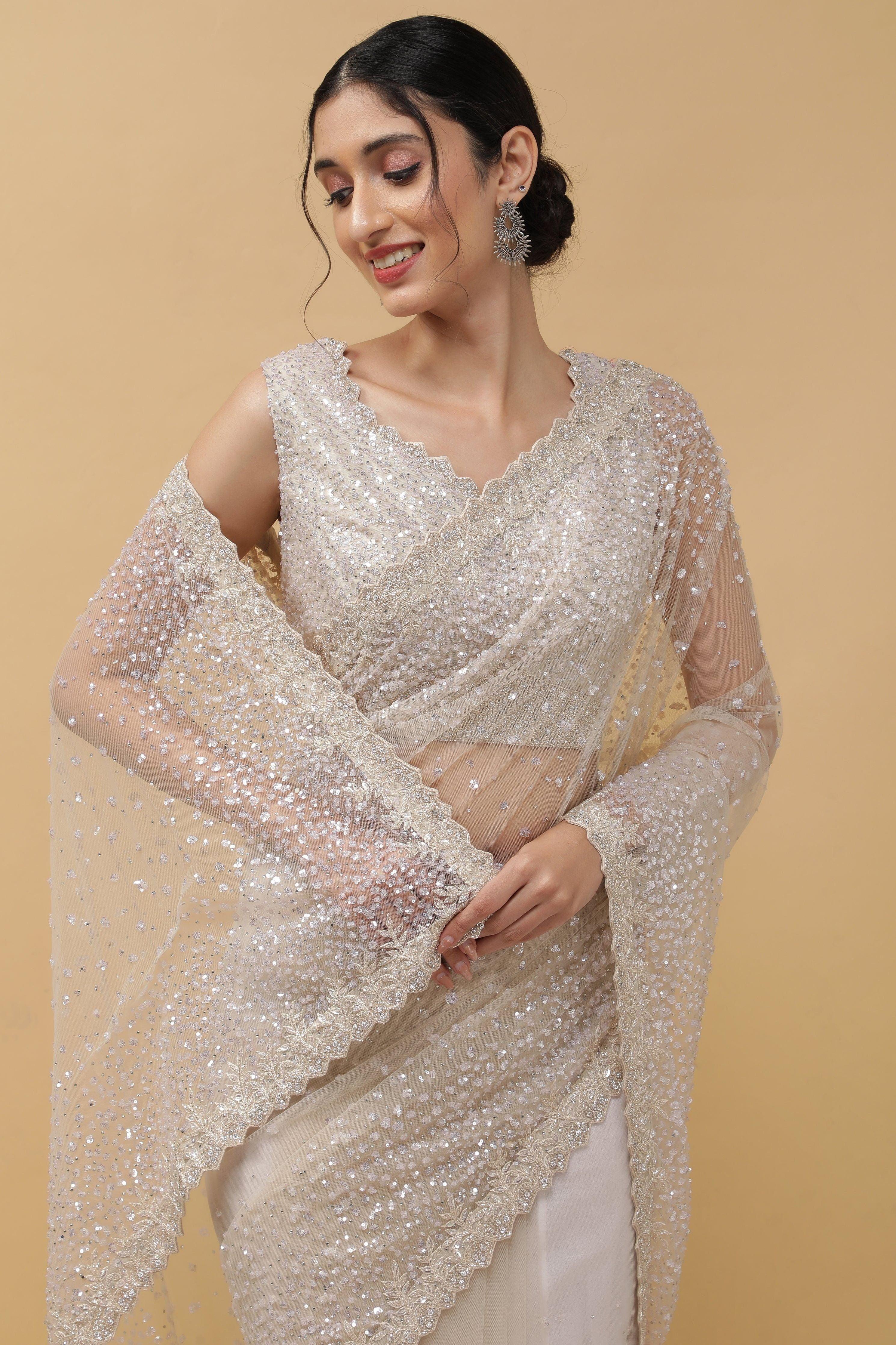 Off White Net Saree - Mokshaa