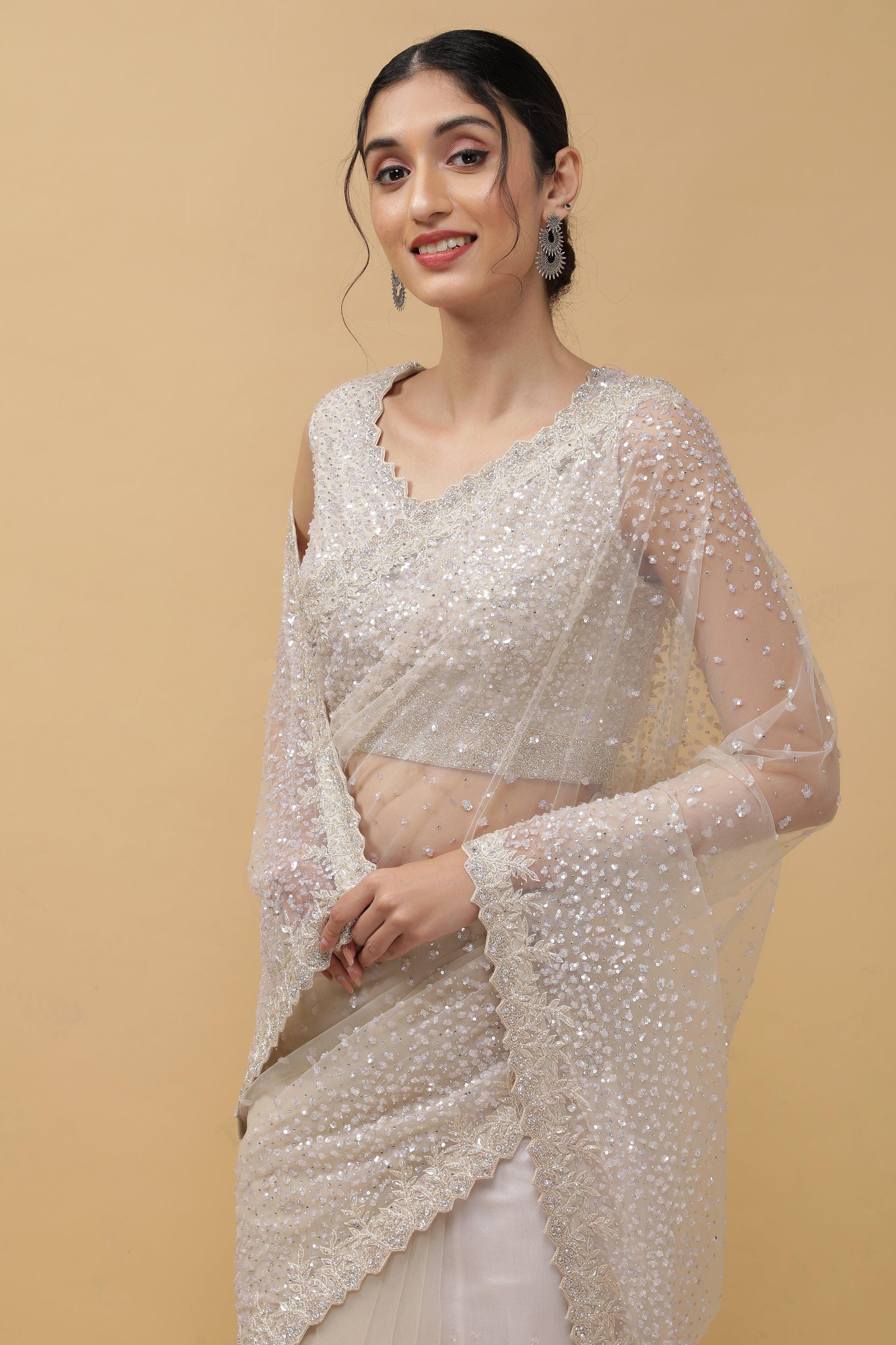 Off White Net Saree - Mokshaa