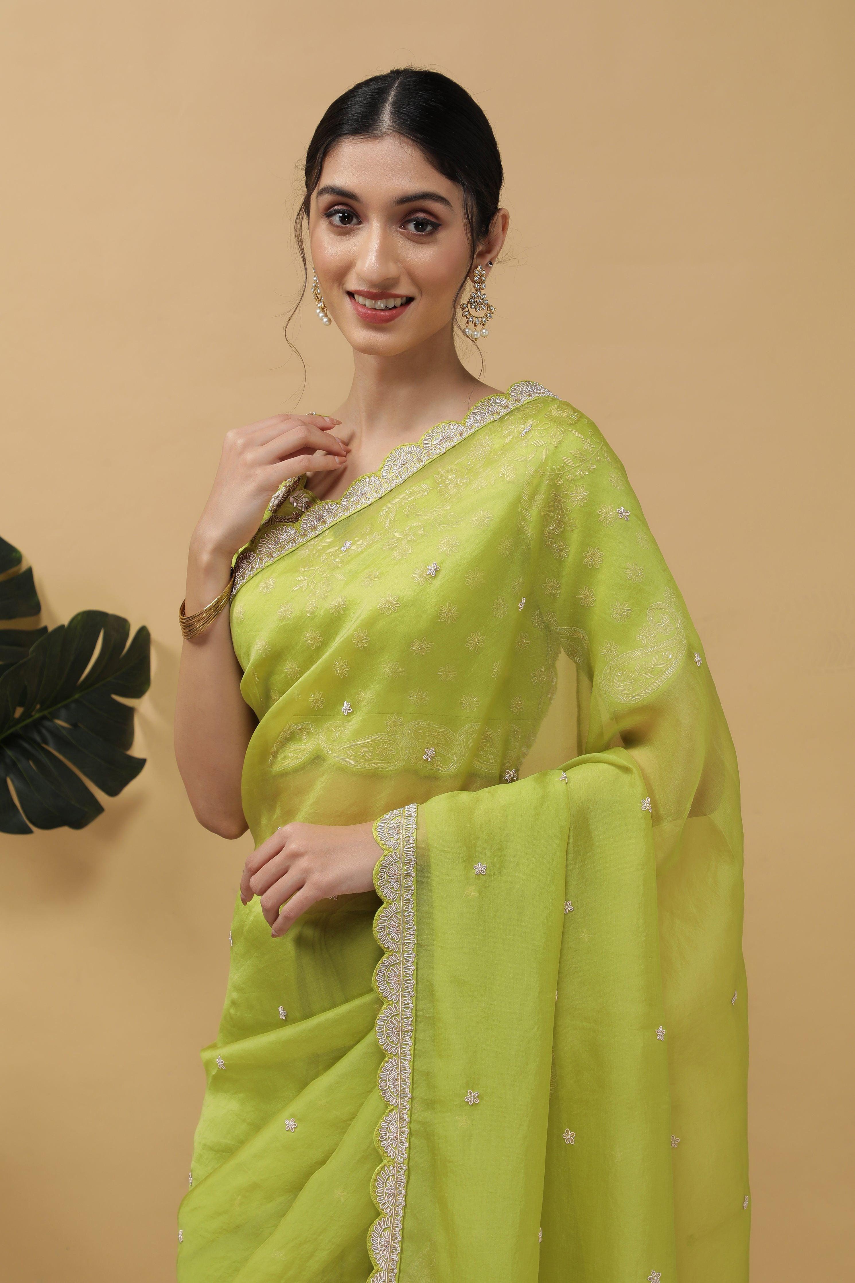 Light Green Organza Saree - Mokshaa