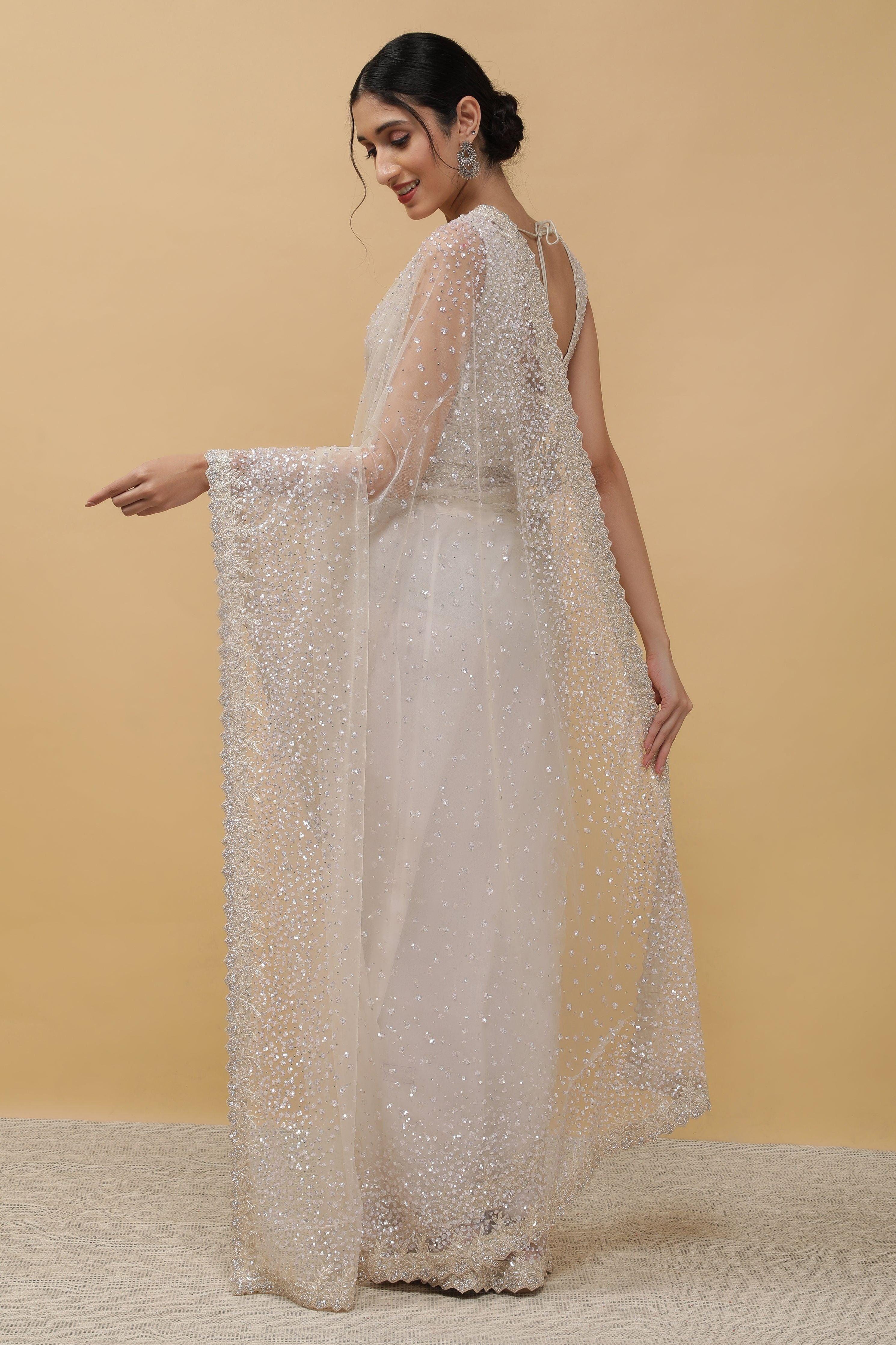 Off White Net Saree - Mokshaa