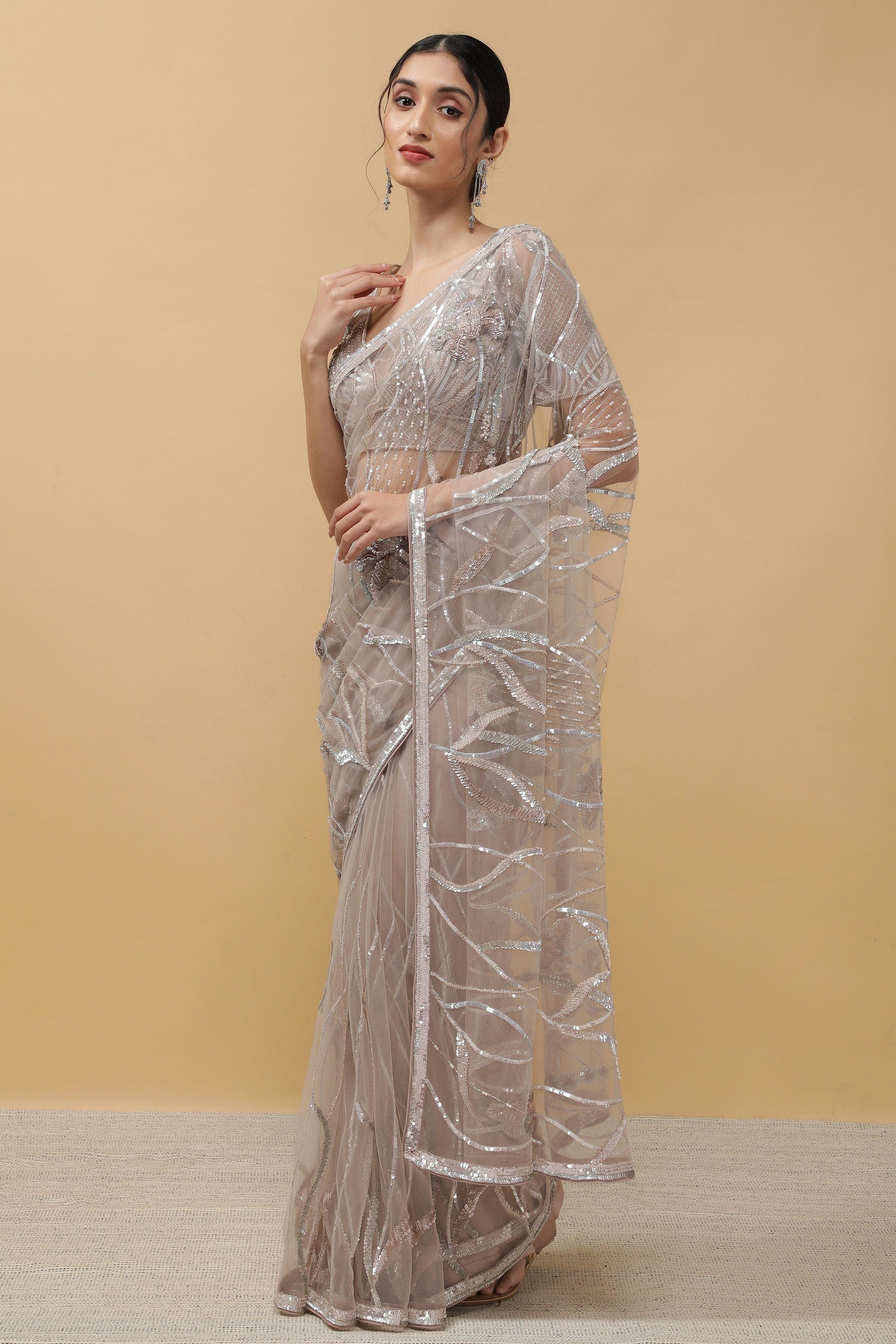 Onion Beige Net Saree - Mokshaa