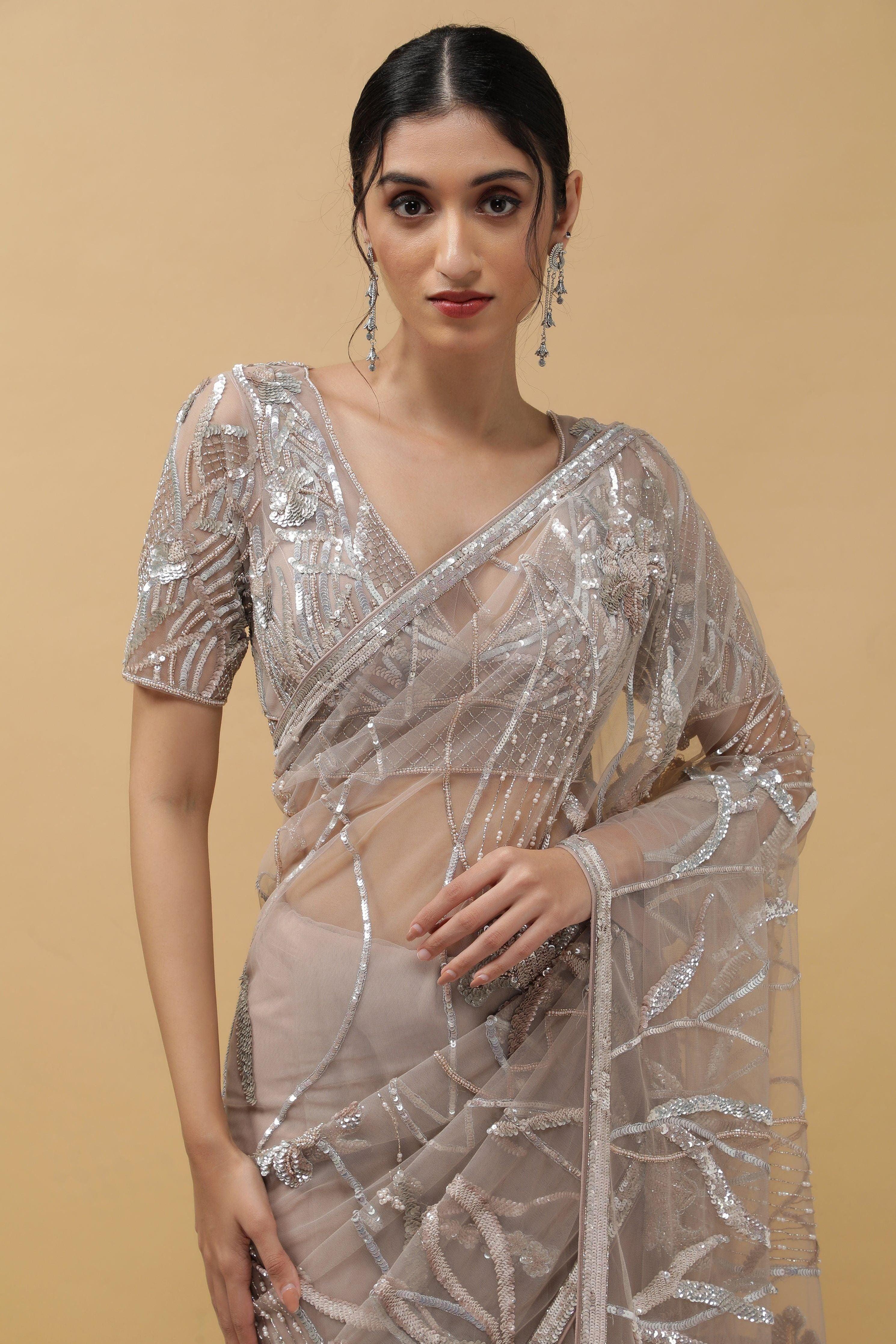 Onion Beige Net Saree - Mokshaa