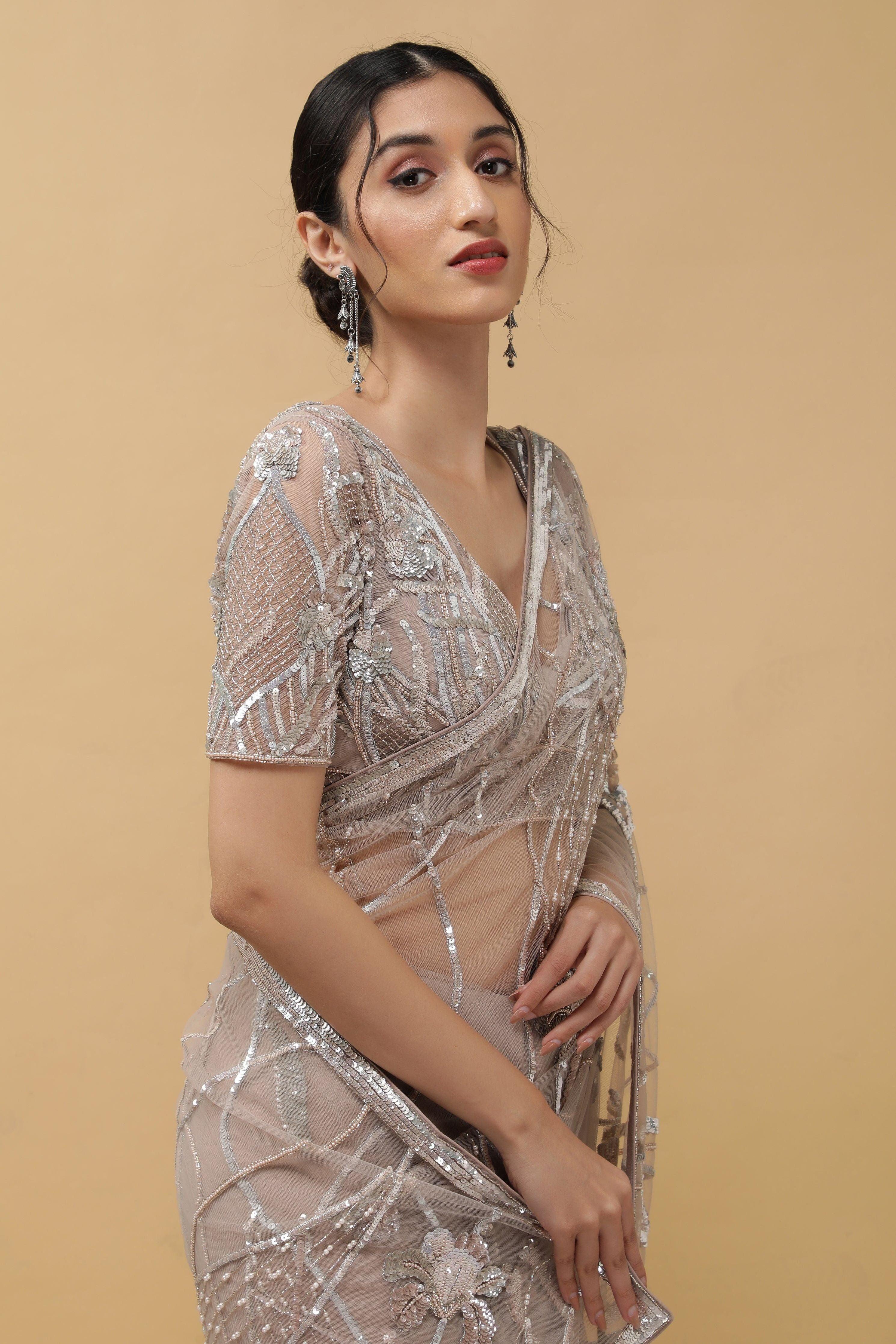 Onion Beige Net Saree - Mokshaa