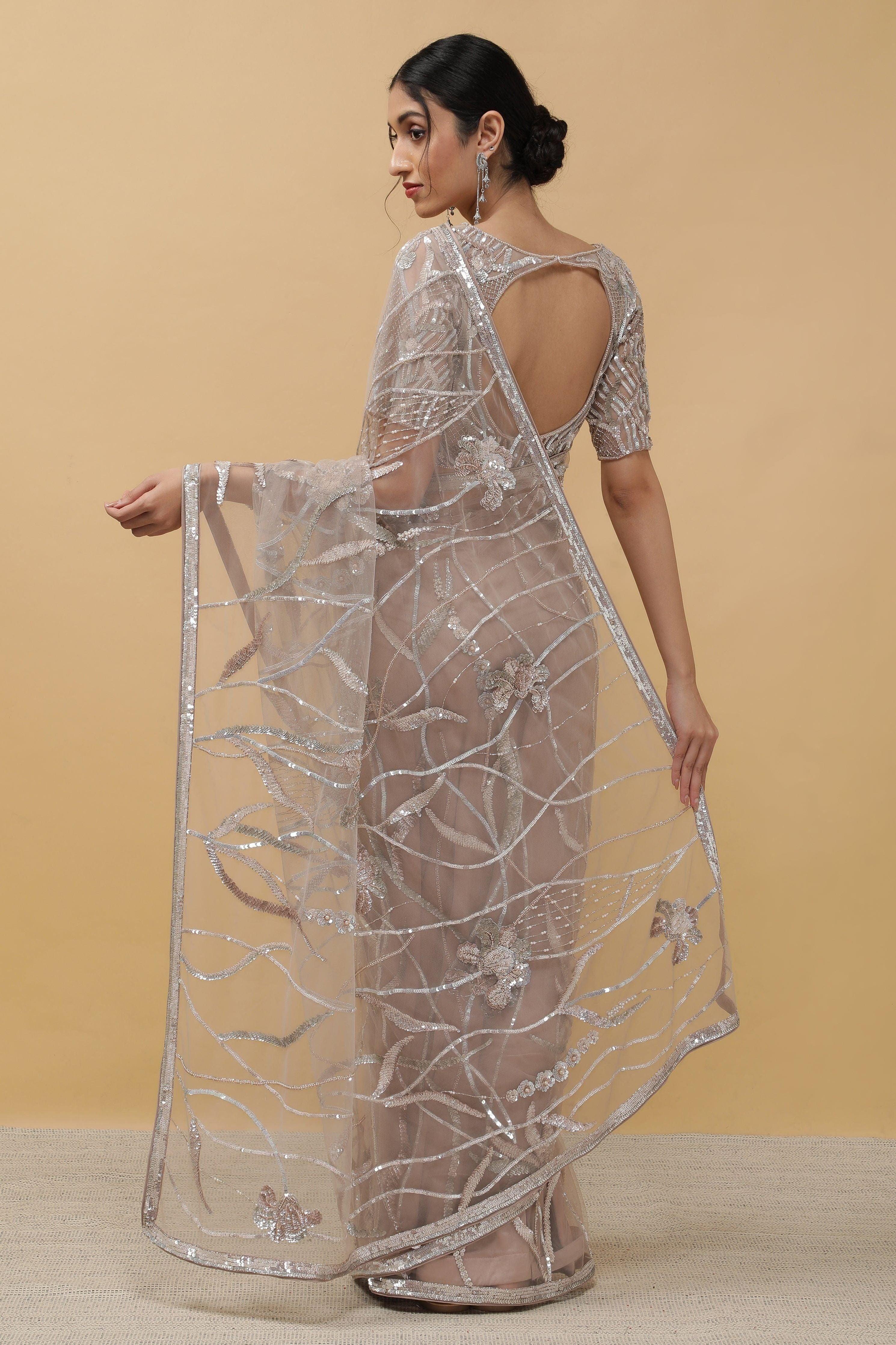 Onion Beige Net Saree - Mokshaa