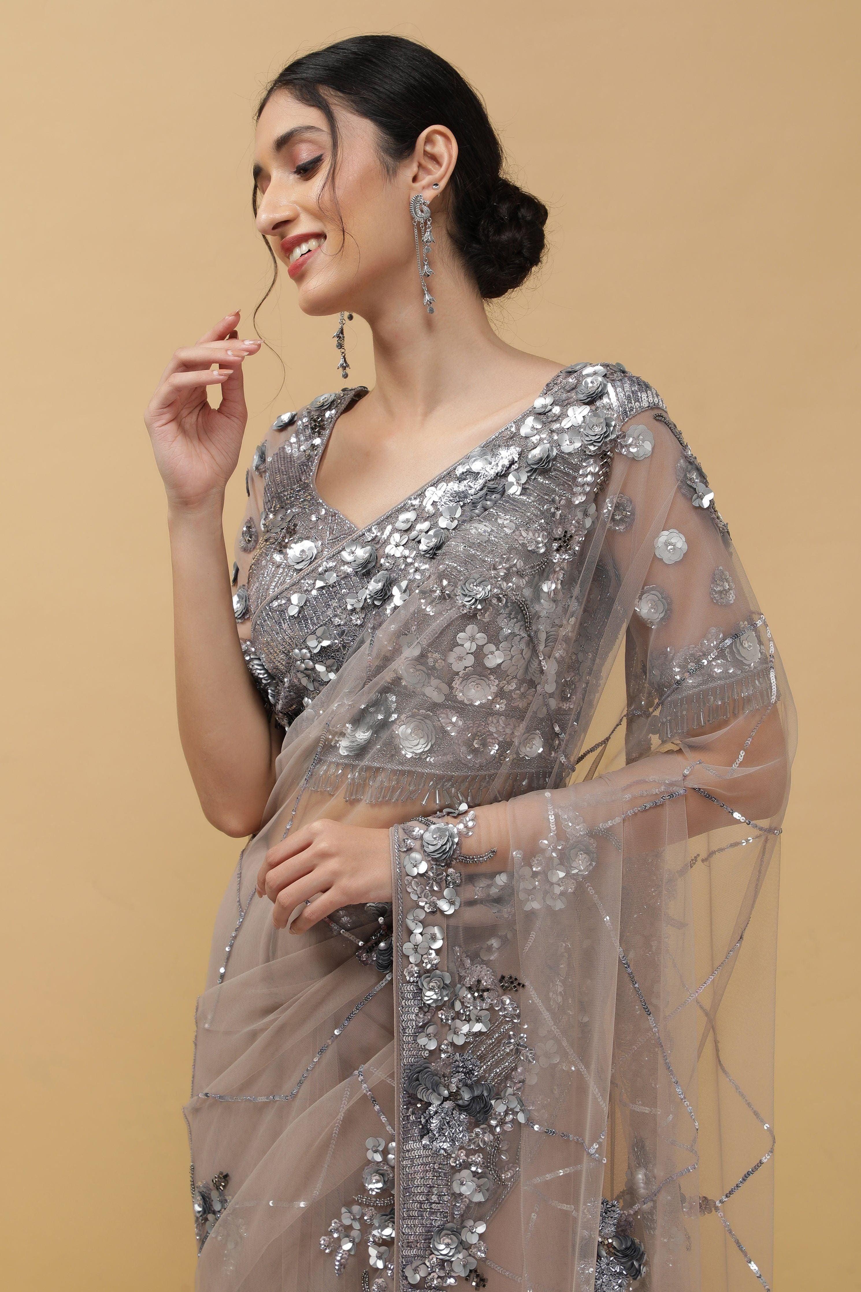 Onion Beige Net Saree - Mokshaa