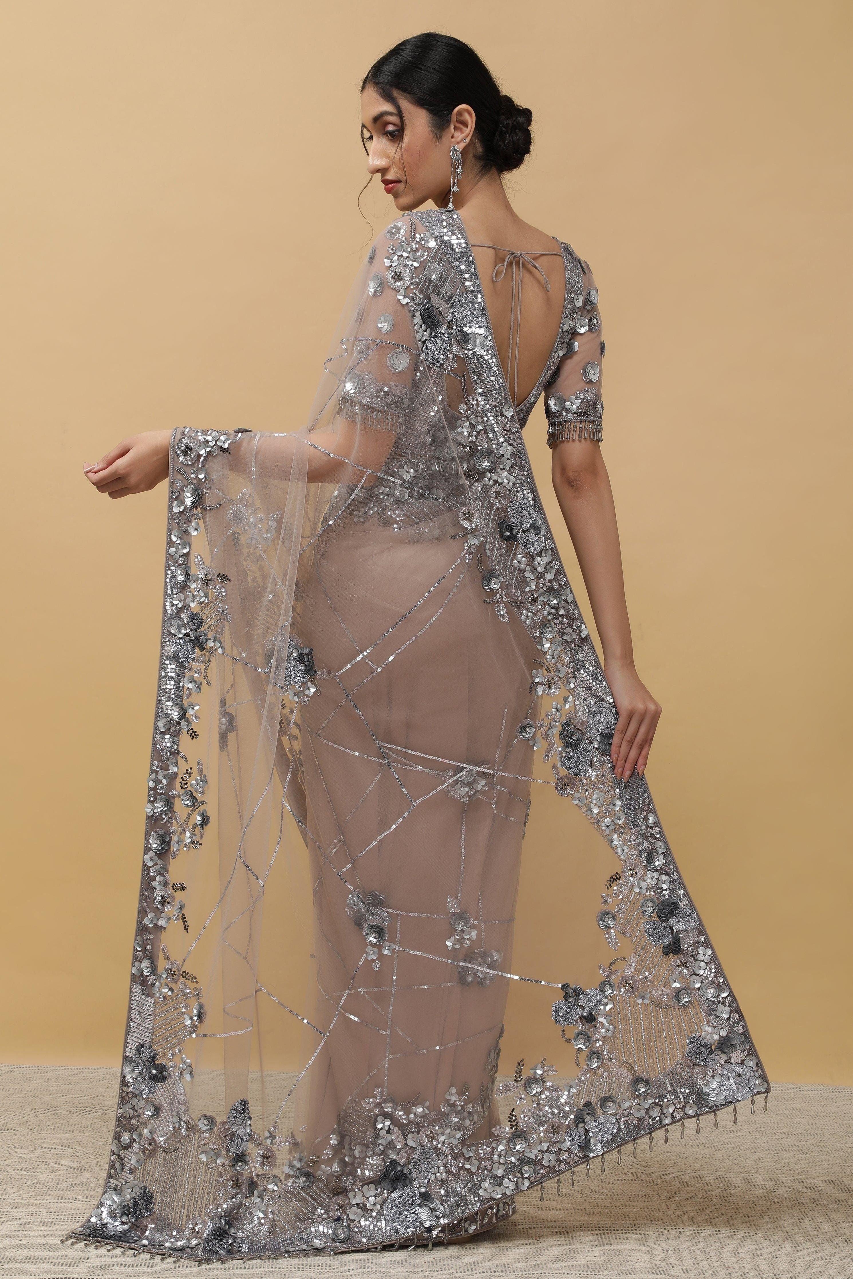 Onion Beige Net Saree - Mokshaa