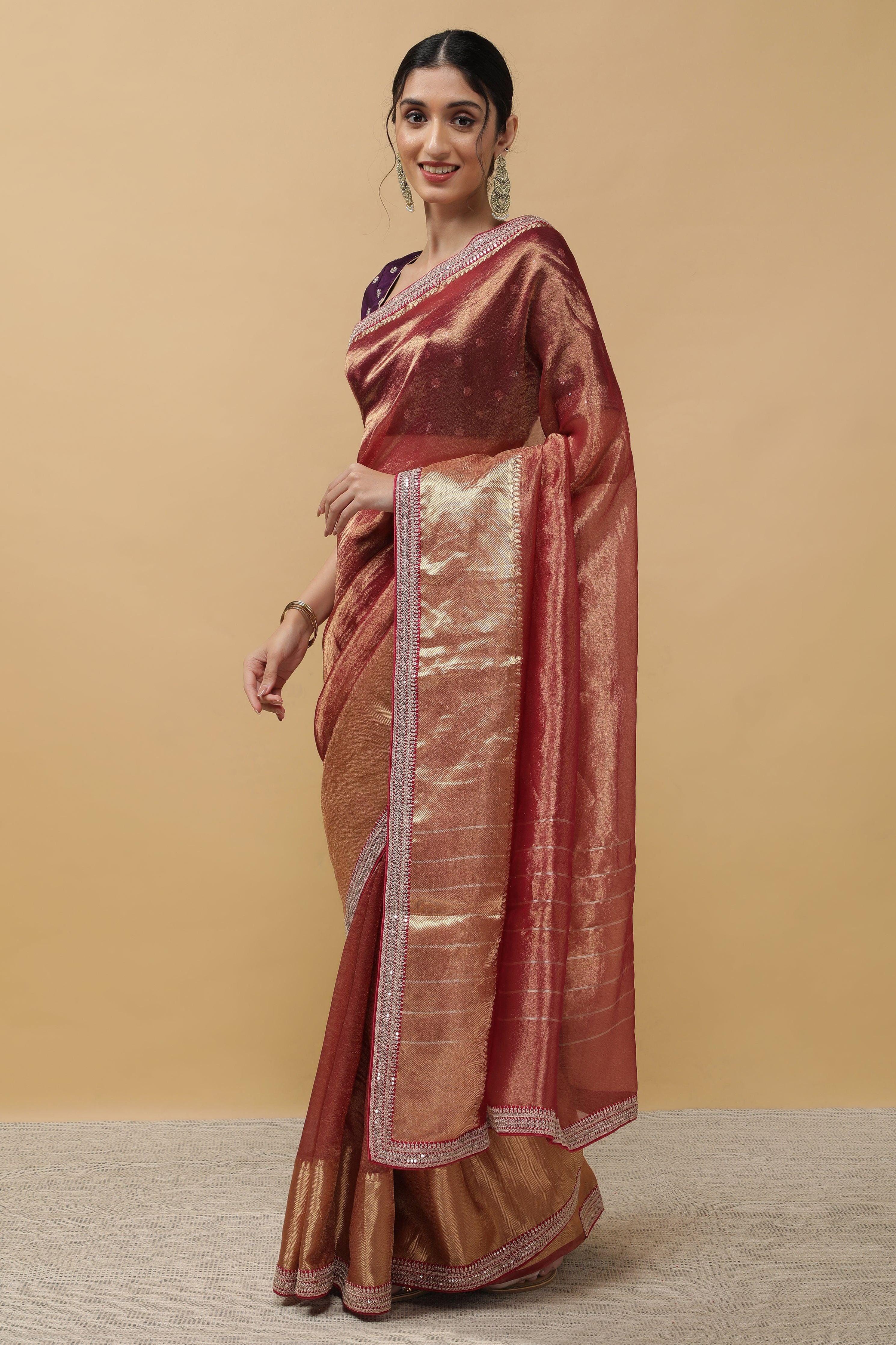 Rust Crush Tissue Saree - Mokshaa