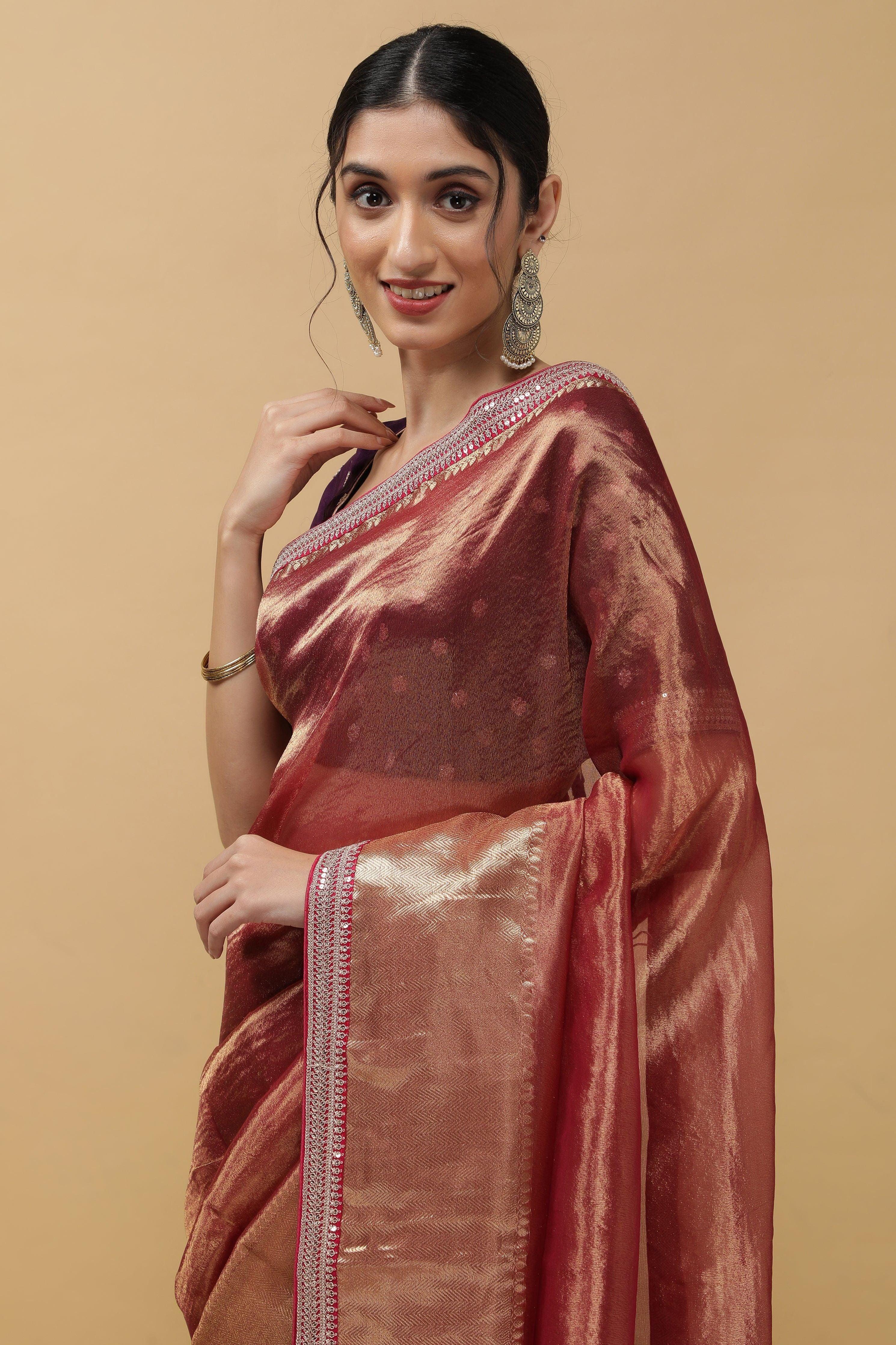 Rust Crush Tissue Saree - Mokshaa