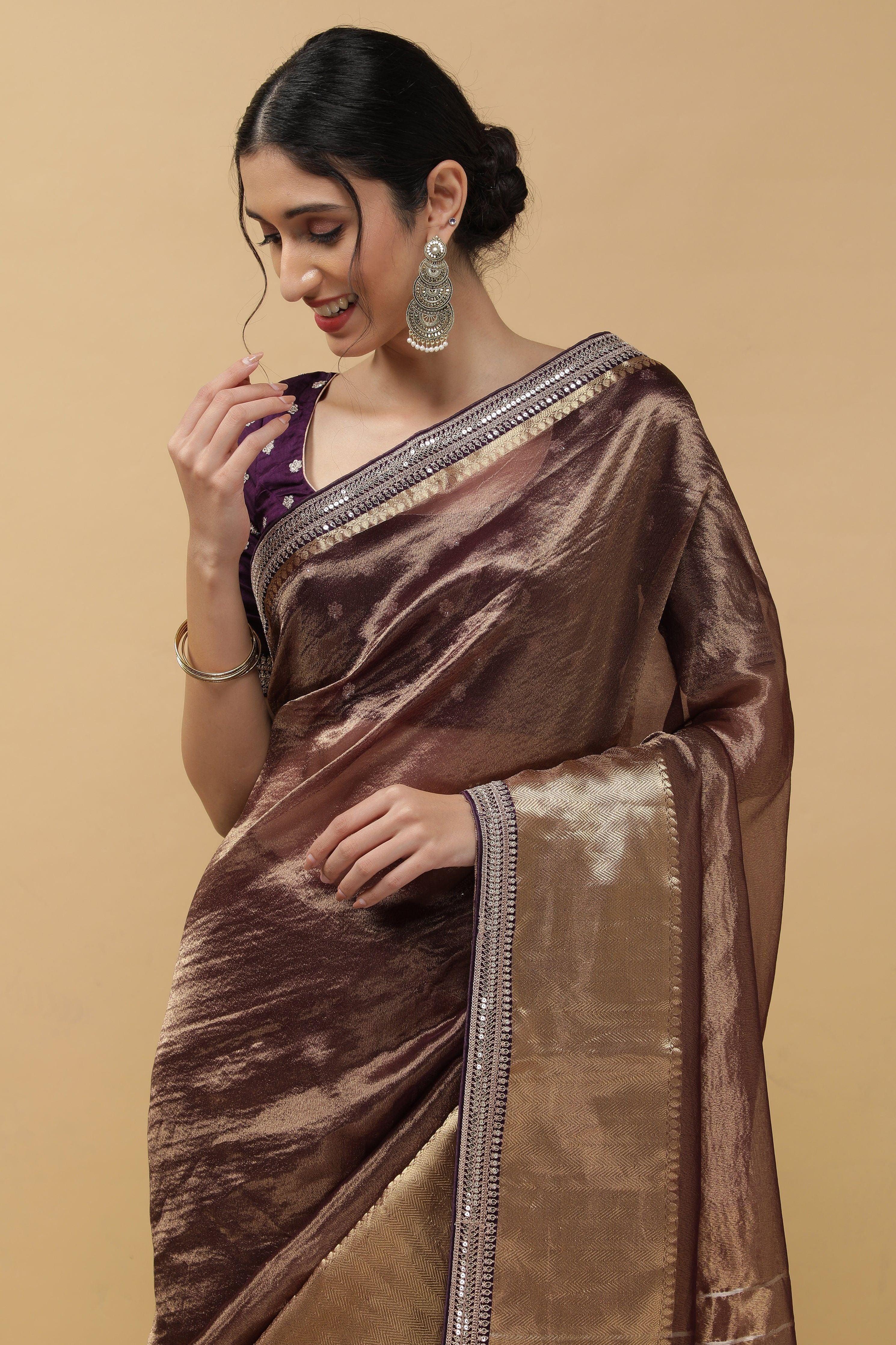 Rust Crush Tissue Saree - Mokshaa