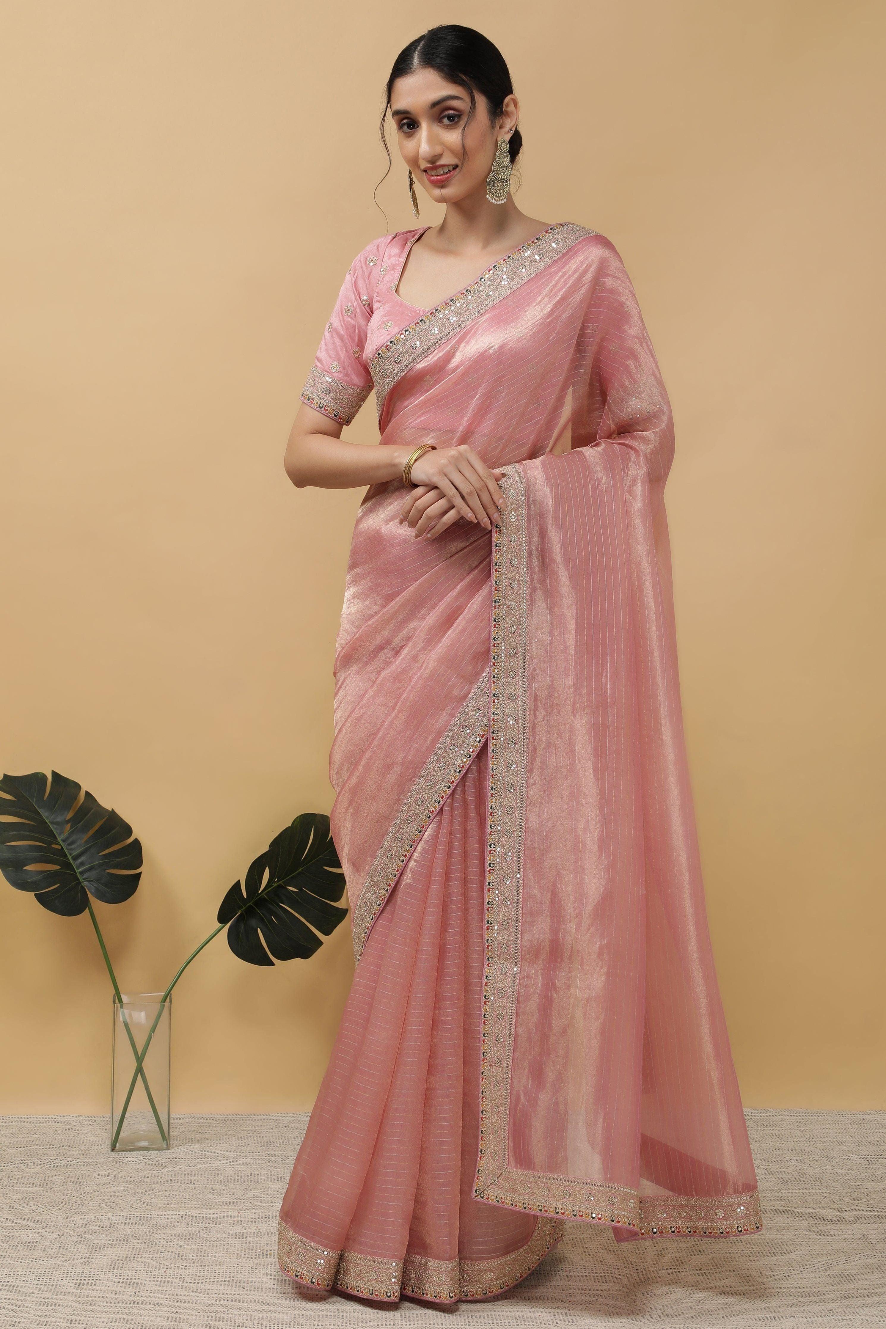 Peach Organza Tissue Saree - Mokshaa