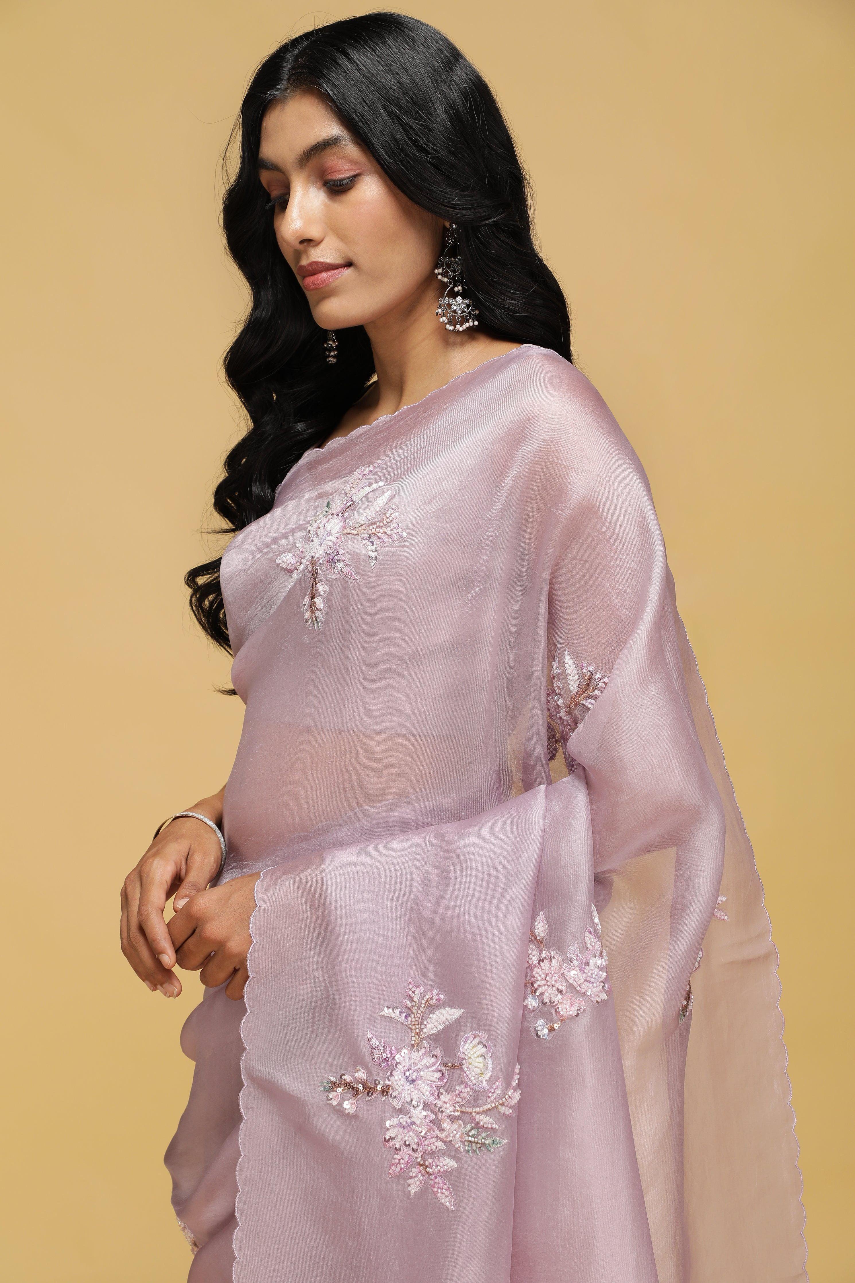 Mauve Organza Saree with Bead Butis & Sequin Thread Border.