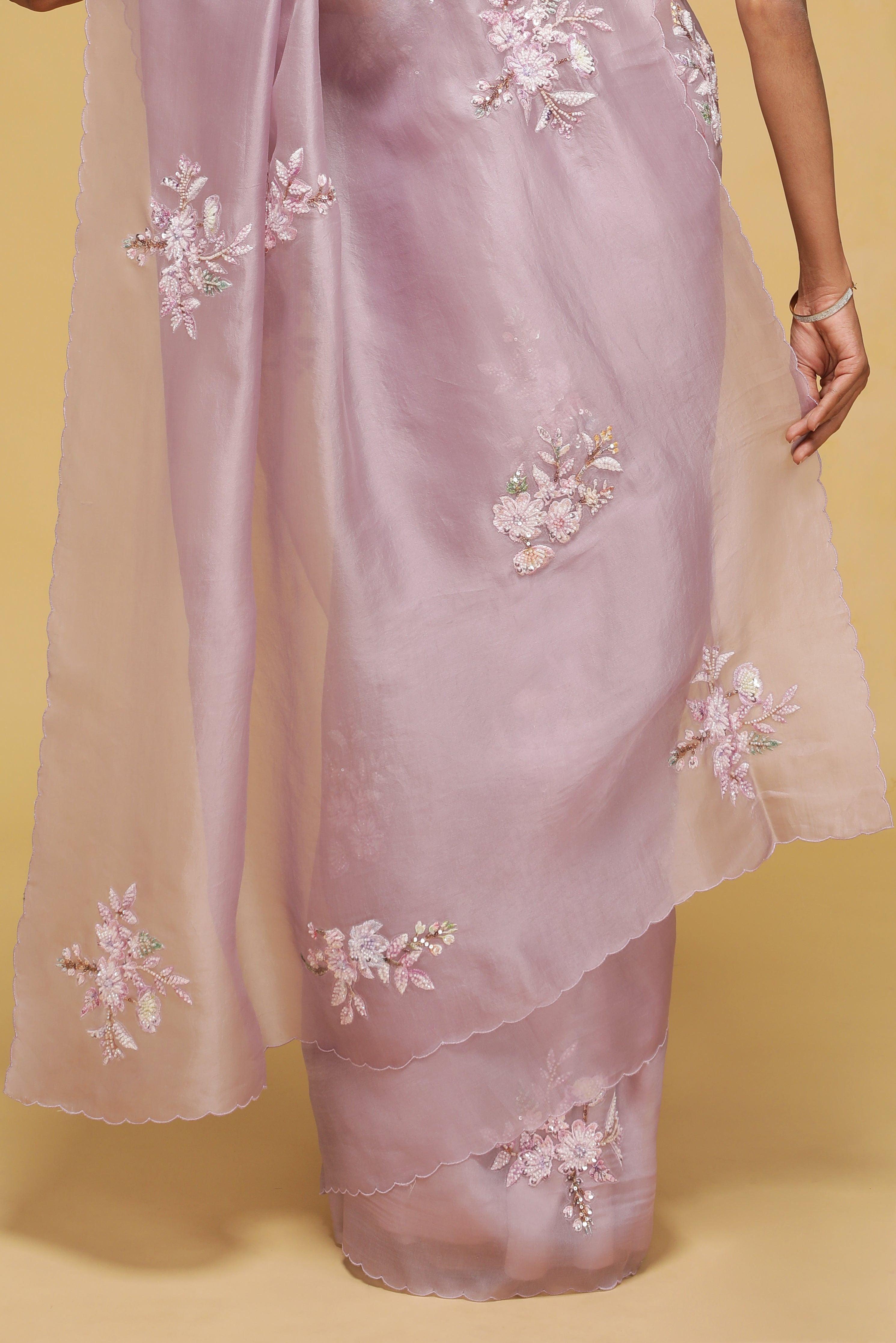Mauve Organza Saree with Bead Butis & Sequin Thread Border.