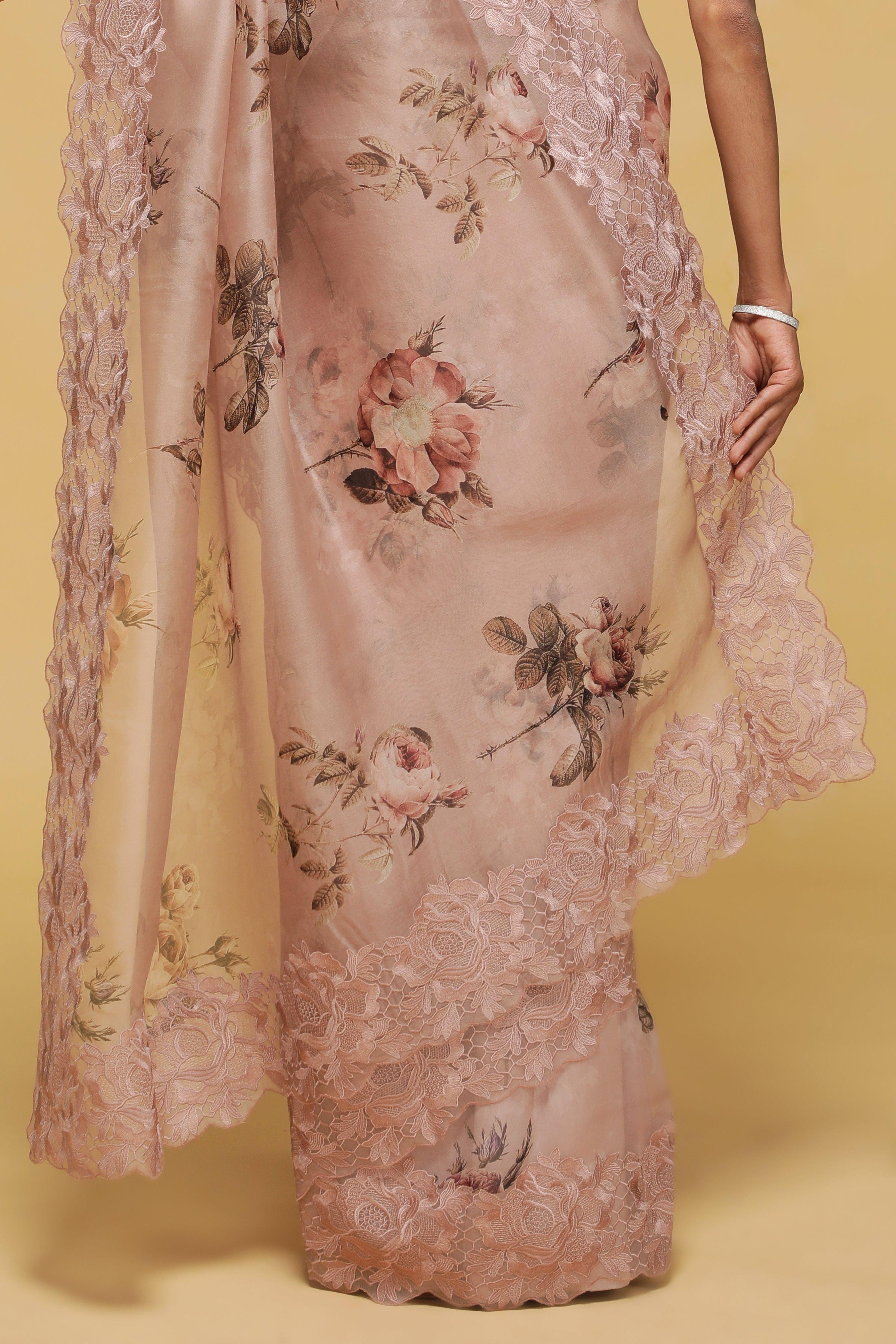 Dusty Peach Organza Saree with Floral Print and Thread Embroidery.