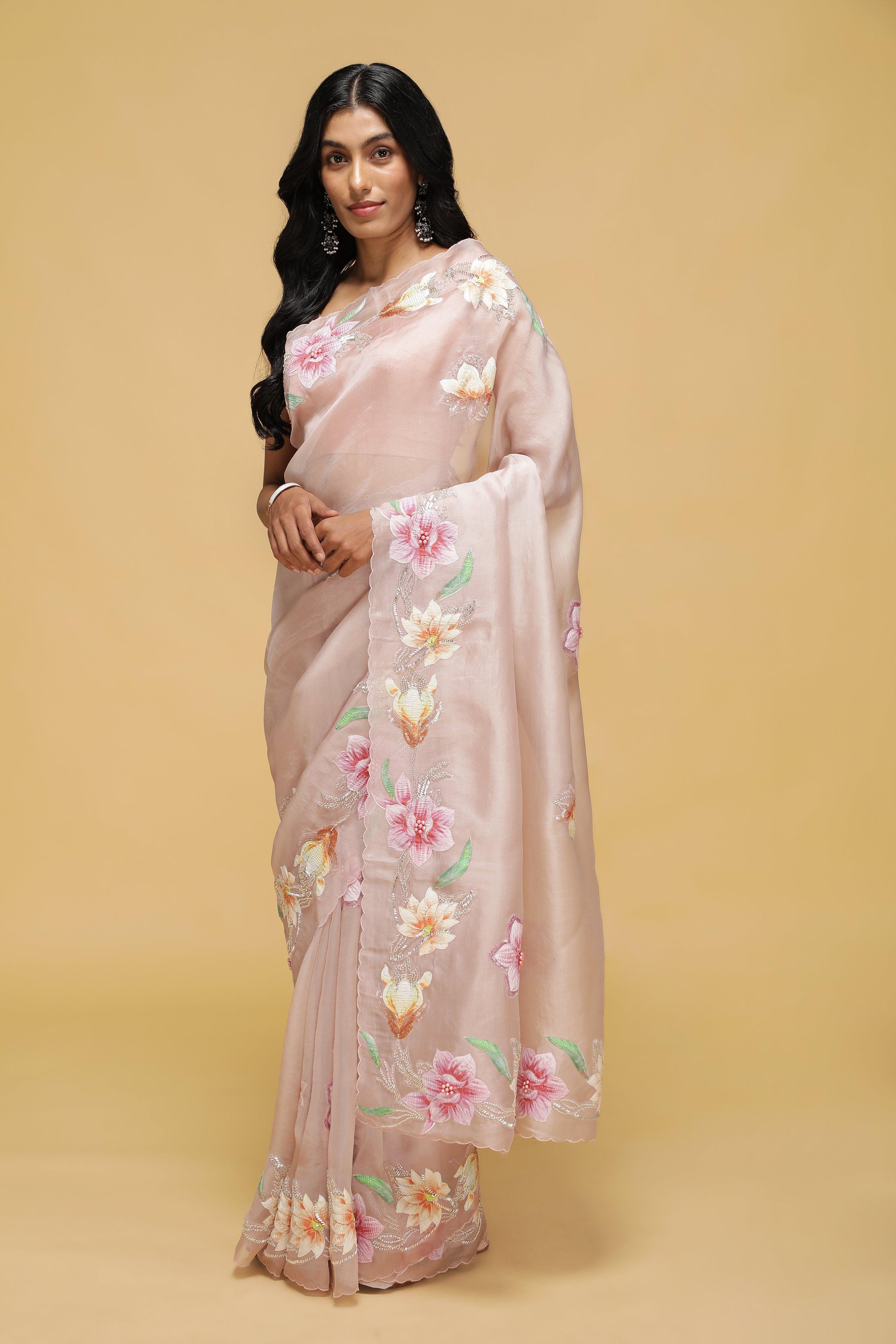 Light Pink Organza Saree with Multi-Color Thread & Bead Embroidery.