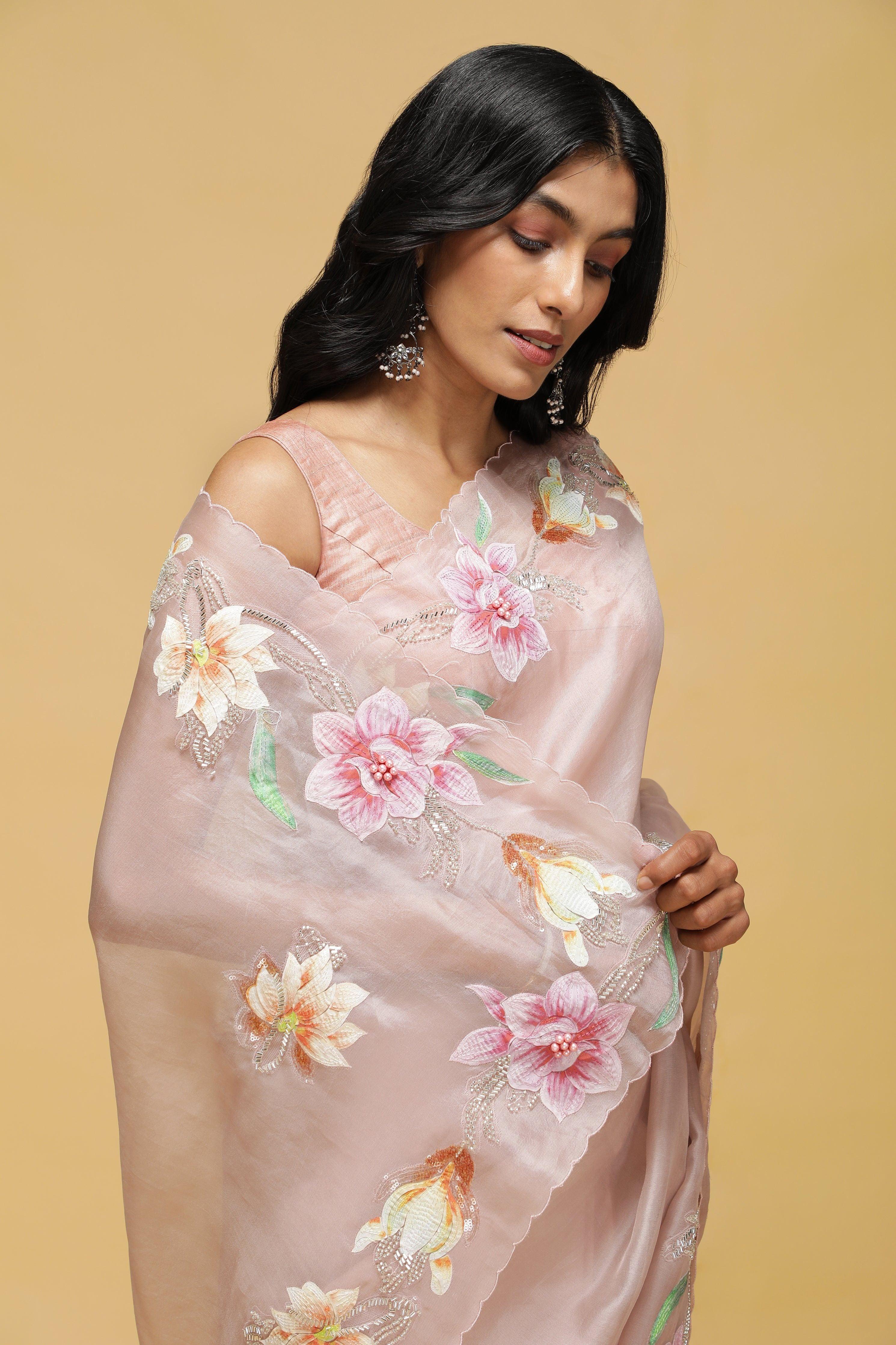 Light Pink Organza Saree with Multi-Color Thread & Bead Embroidery.