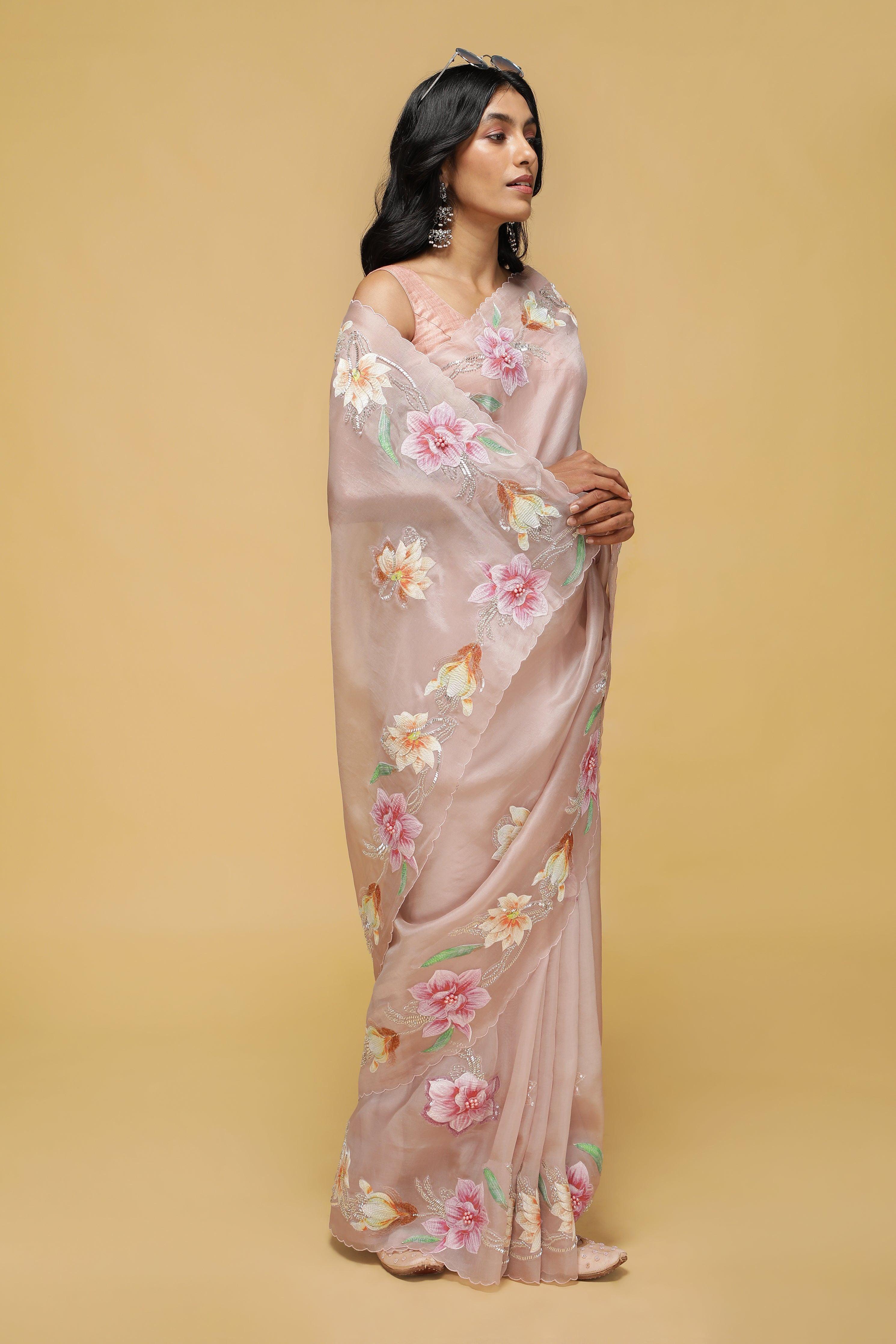 Light Pink Organza Saree with Multi-Color Thread & Bead Embroidery.