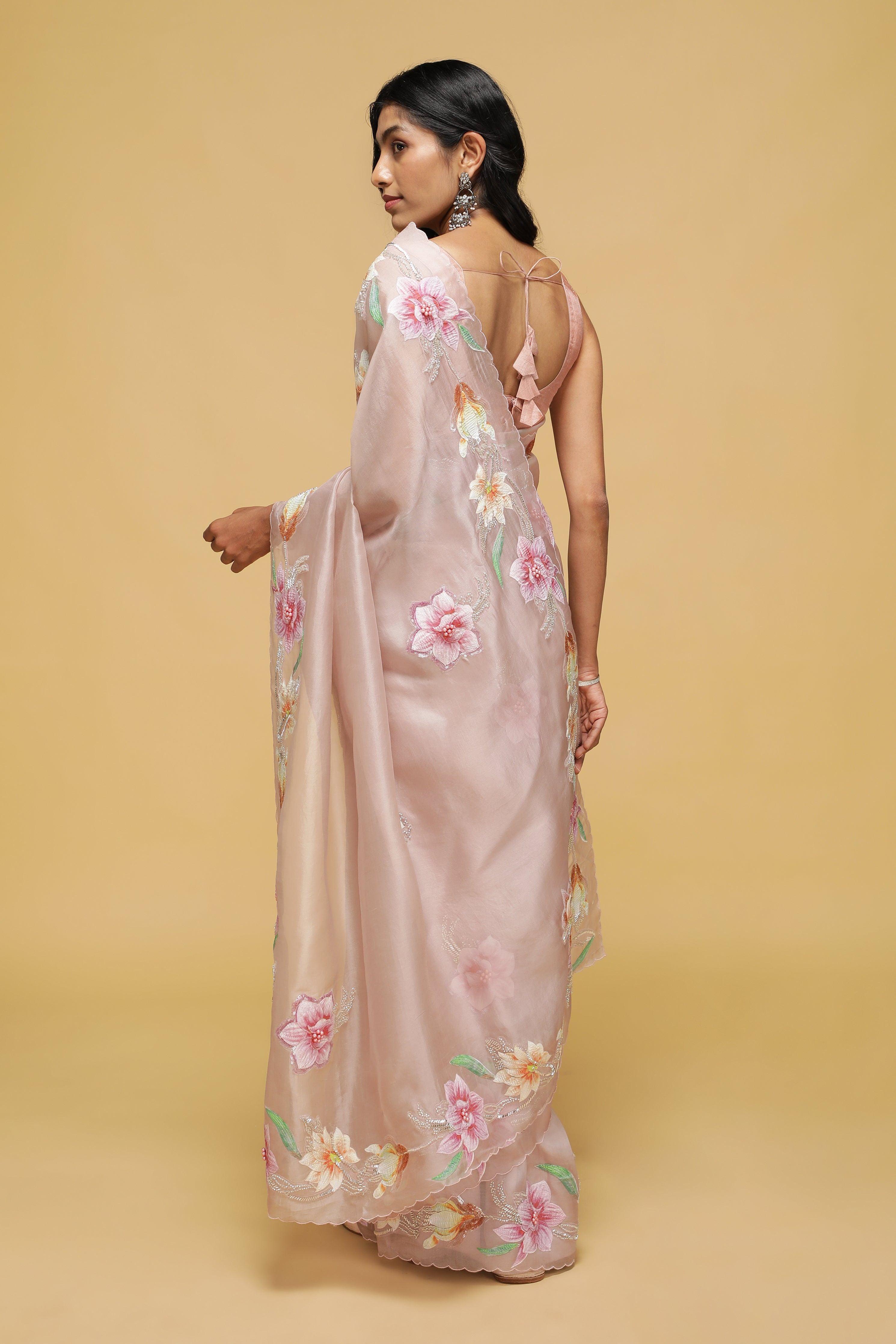 Light Pink Organza Saree with Multi-Color Thread & Bead Embroidery.